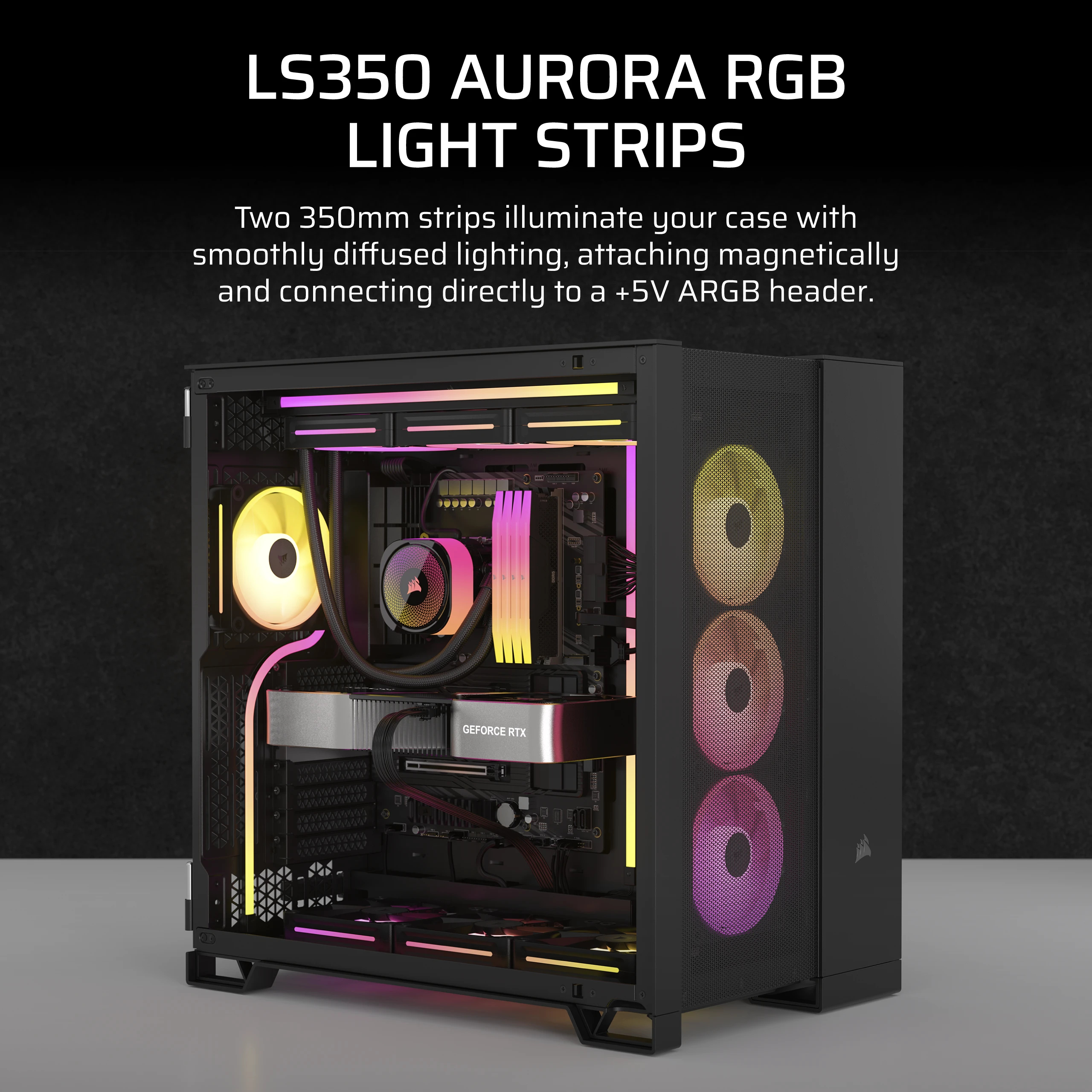 Ein PC-Gehäuse mit RGB-Beleuchtung, Lüftern und Komponenten wie einer Grafikkarte.