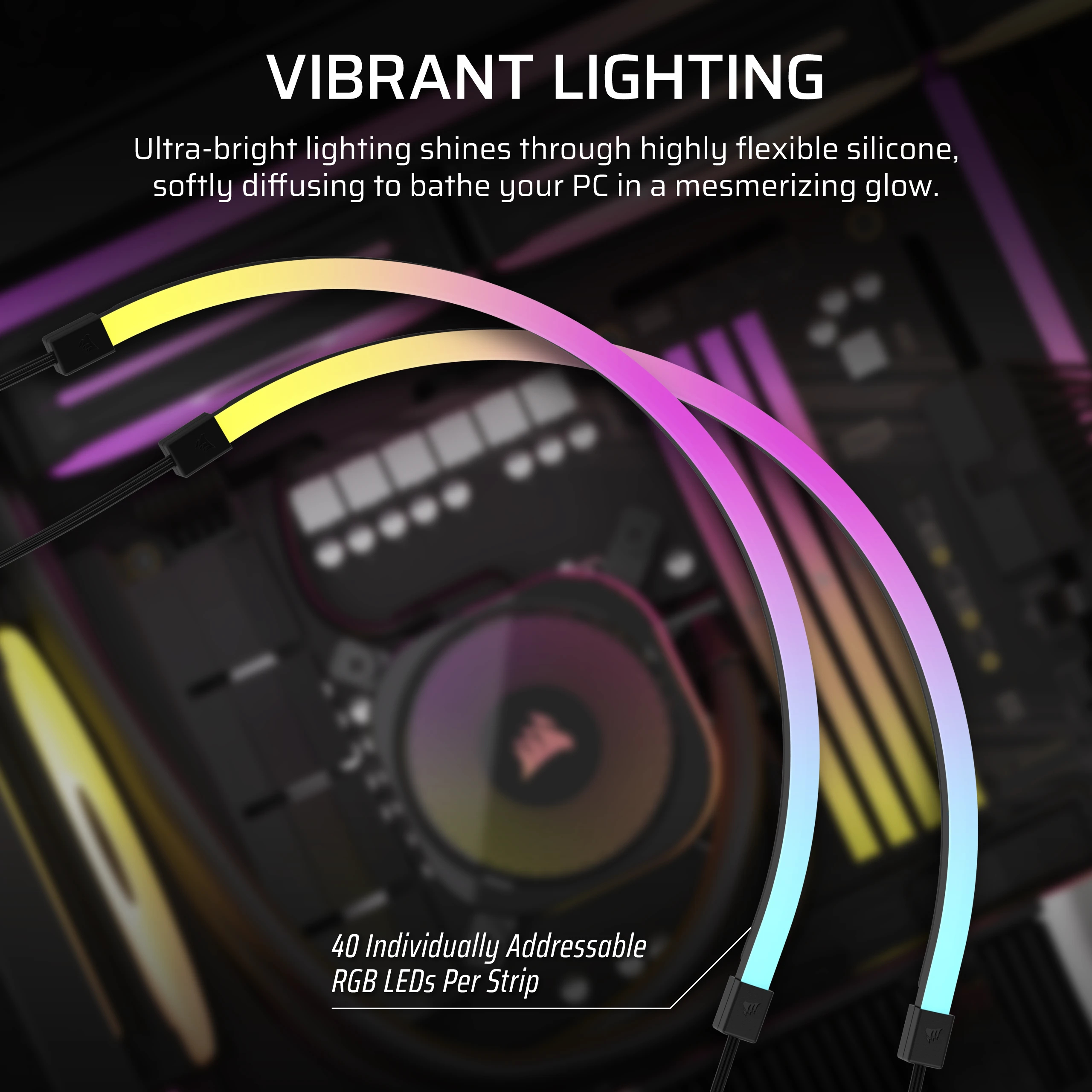 Flexible RGB-LED-Streifen in Gelb, Lila und Blau, die einen PC beleuchten.