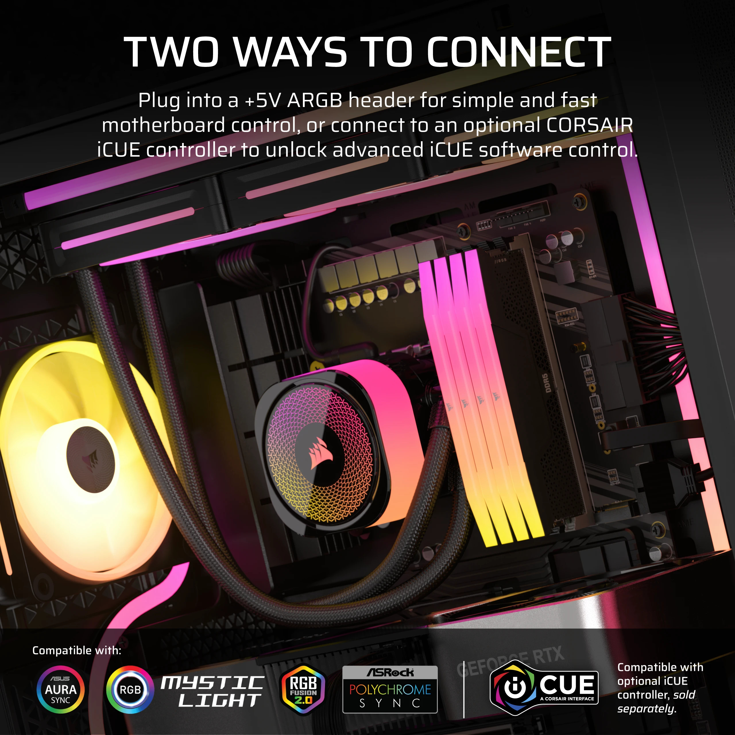 RGB-beleuchteter PC-Innenraum mit Lüftern, RAM und CPU-Kühler.