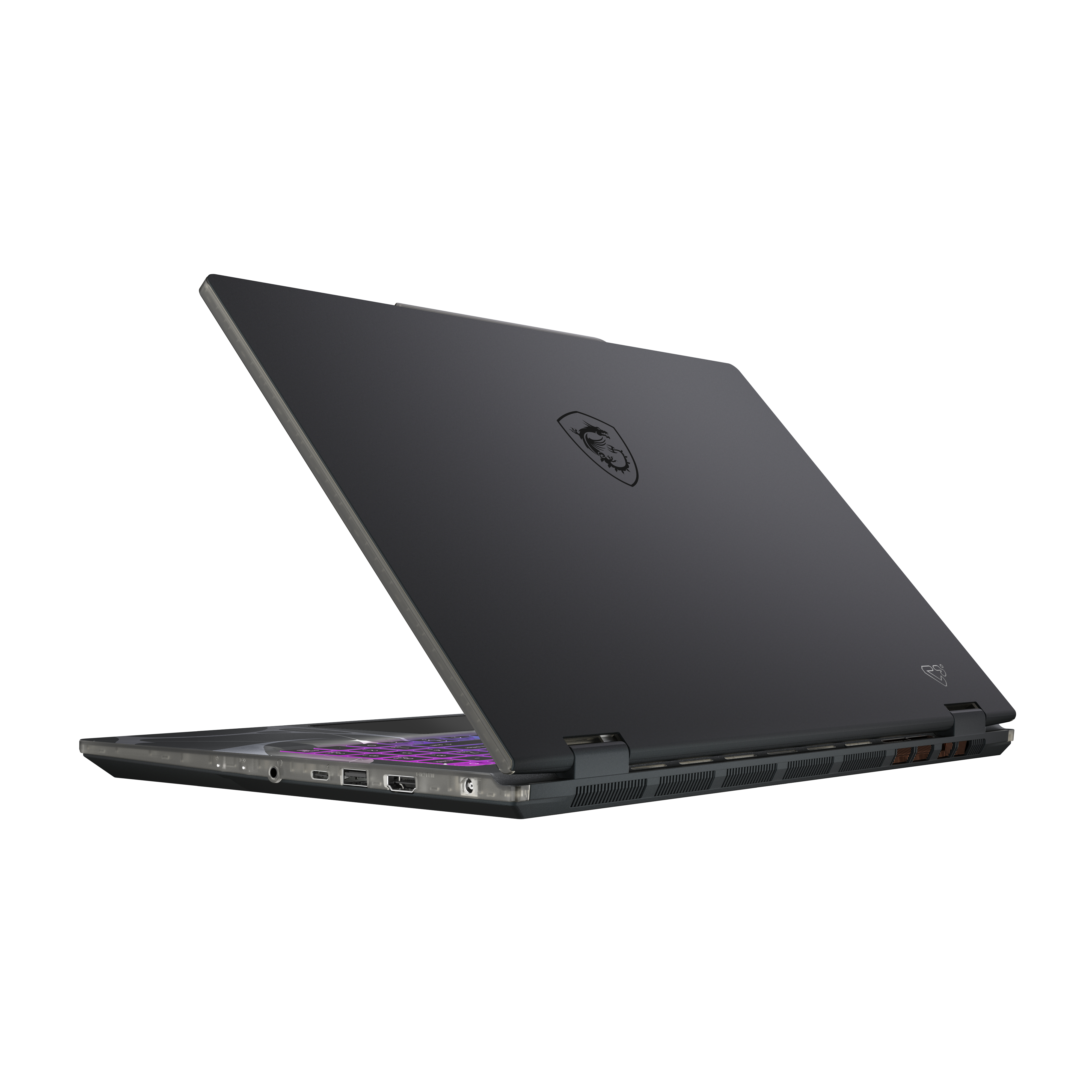 Ordinateur portable MSI noir avec clavier rétroéclairé, vu de côté.