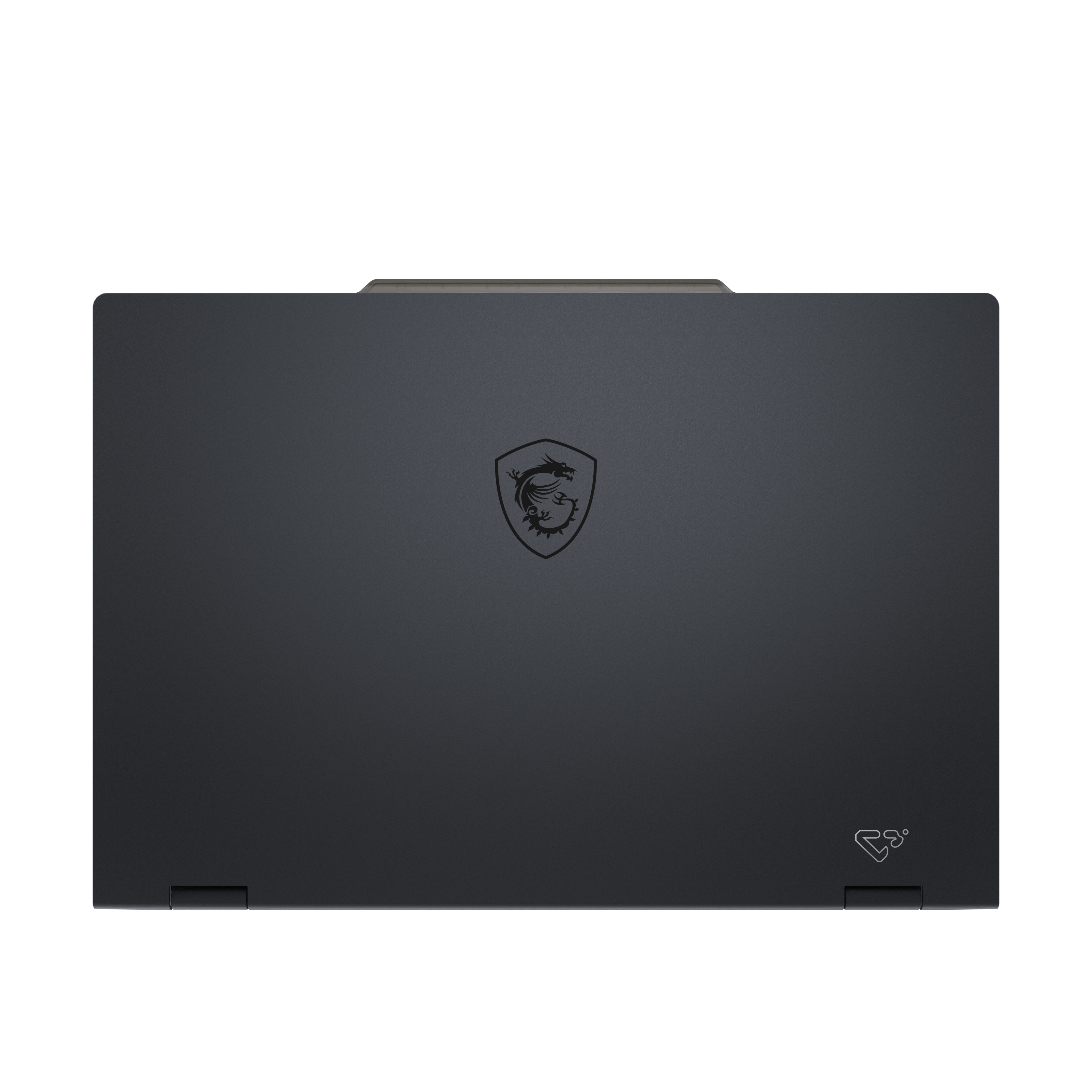 Ordinateur portable gris foncé avec logo MSI et un petit symbole au dos.