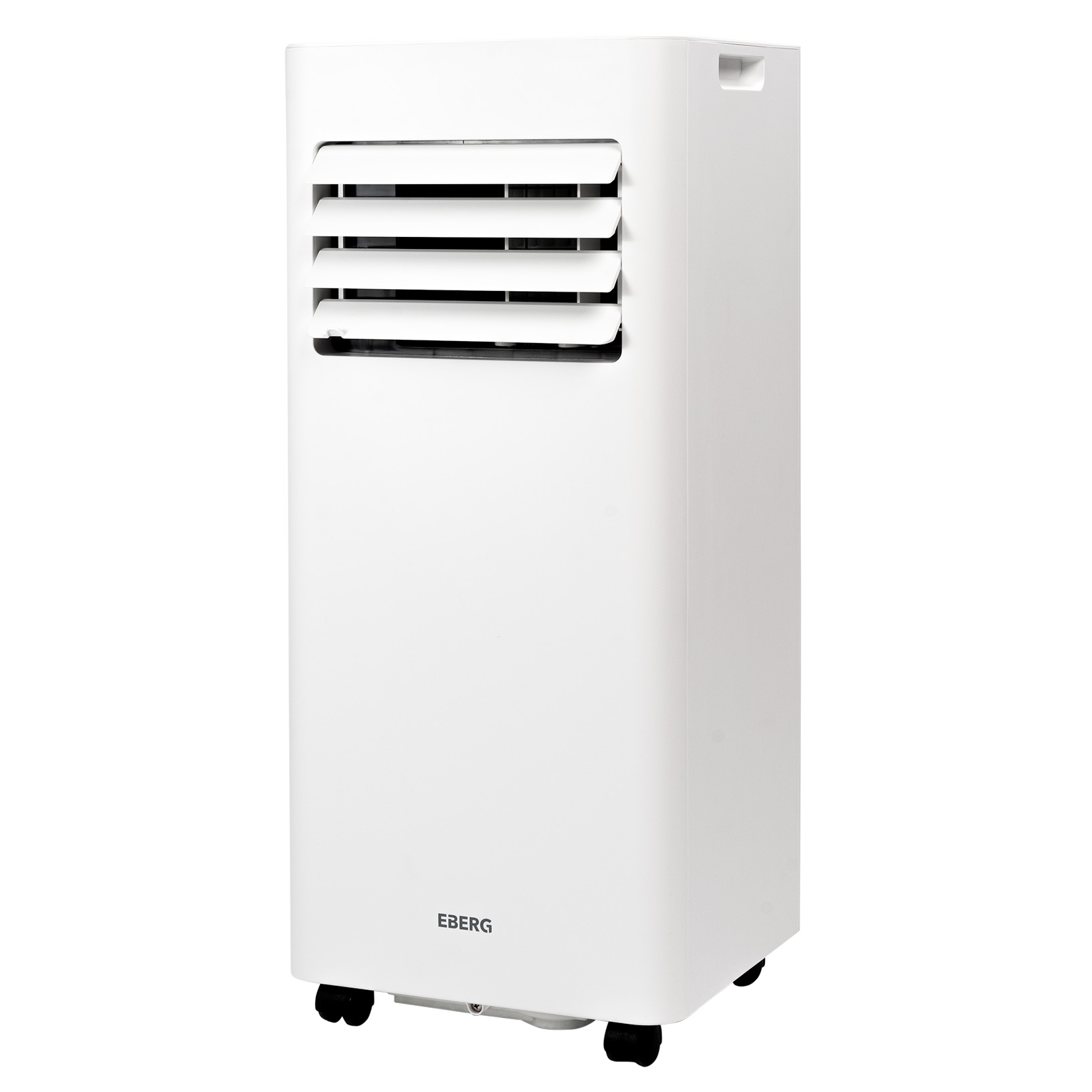 Biały przenośny klimatyzator z kółkami i żaluzjowymi otworami wentylacyjnymi.