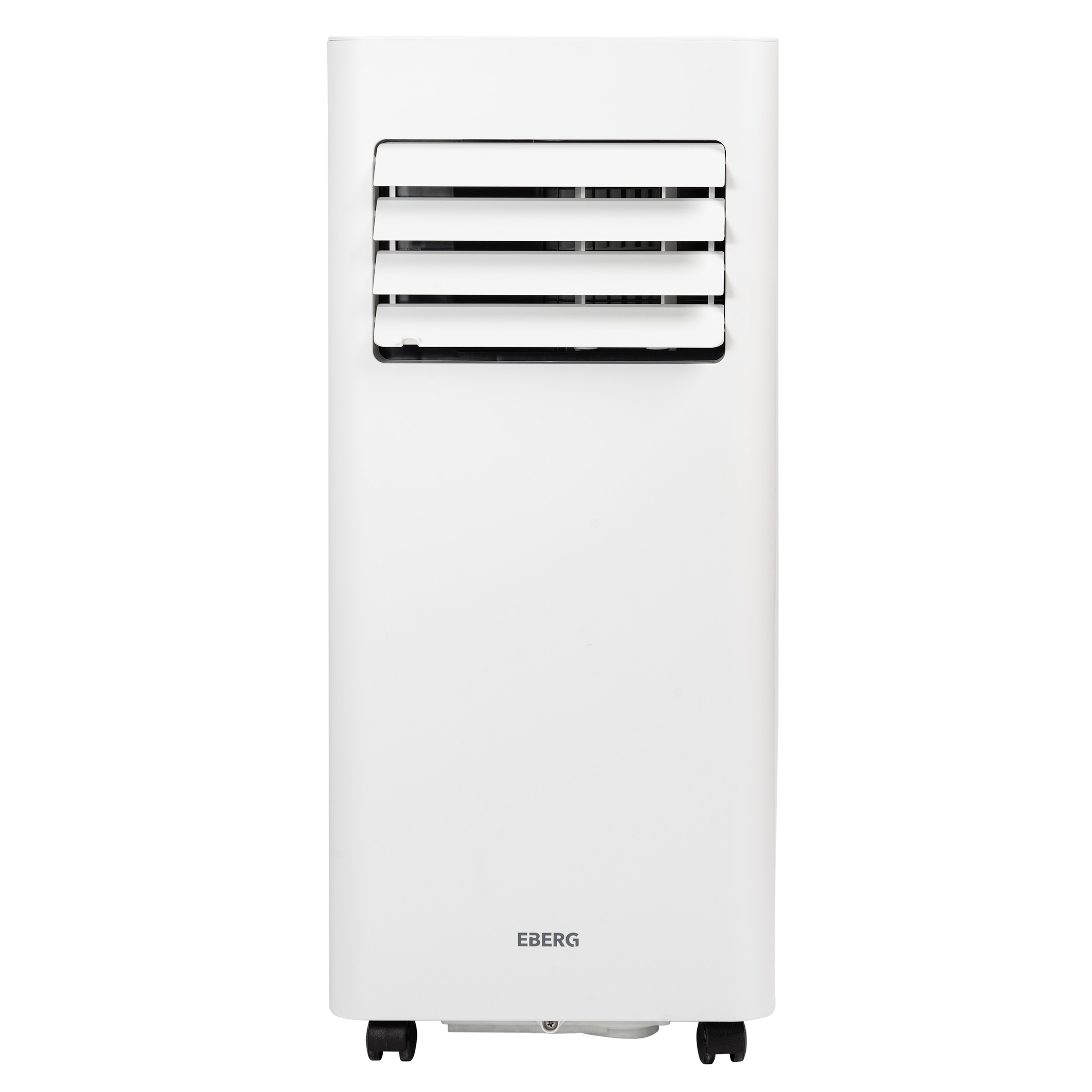 Biała wieża klimatyzatora Eberg z otworami wentylacyjnymi na górze i kółkami na dole.