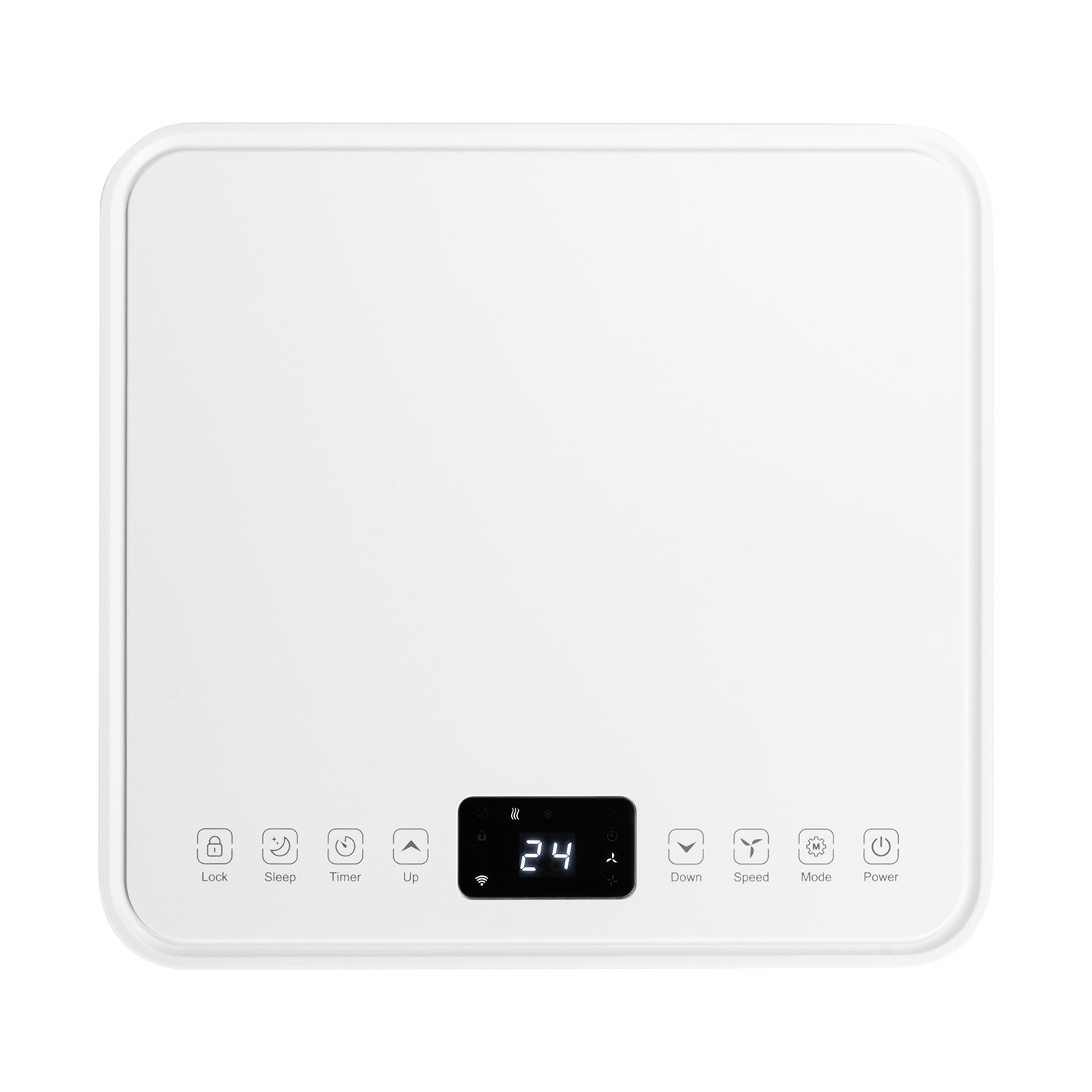 Biały panel sterowania z cyfrowymi przyciskami: Blokada, Sen, Timer, Góra, Dół, Prędkość, Tryb i Zasilanie.