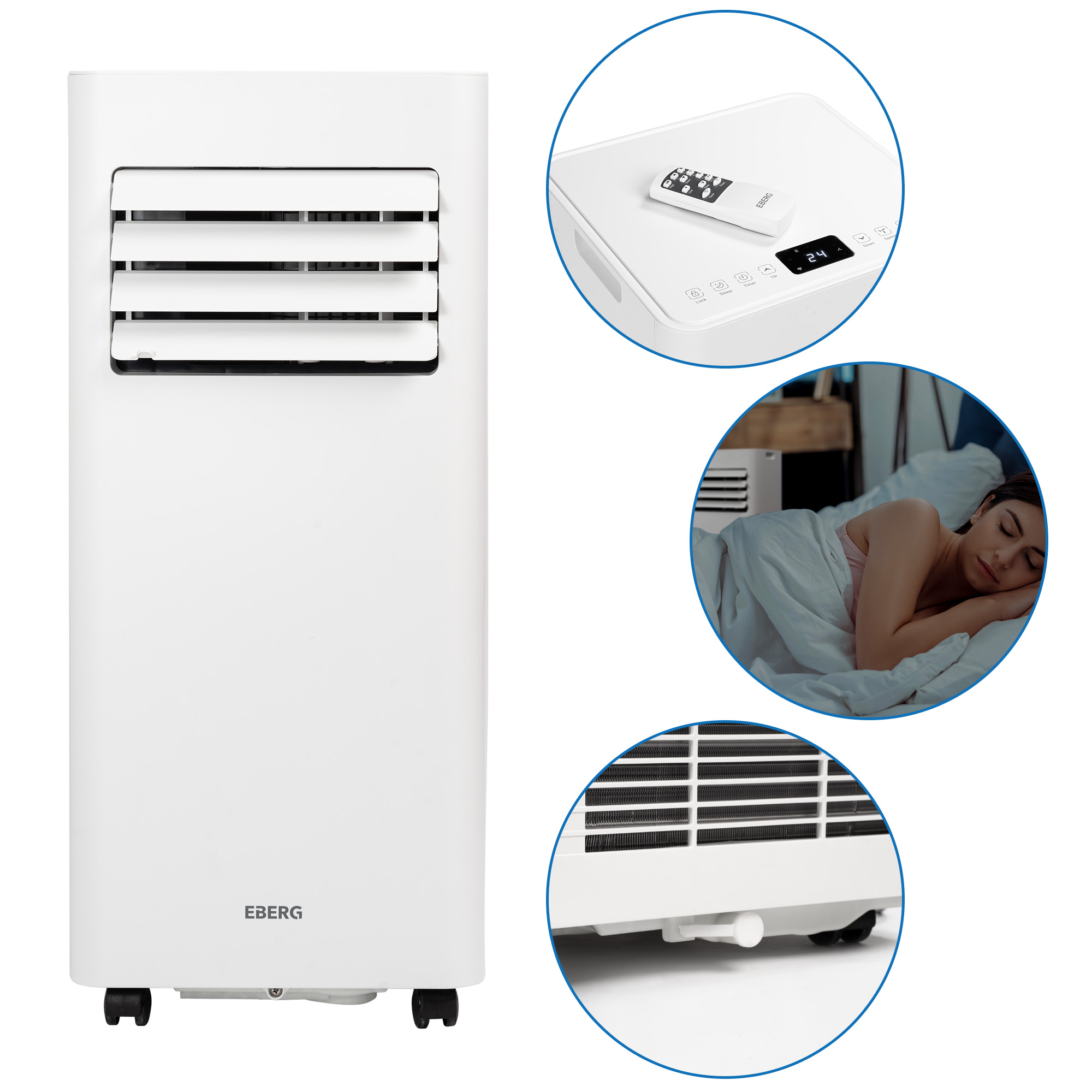 Biała przenośna klimatyzacja z pilotem i śpiącą kobietą.