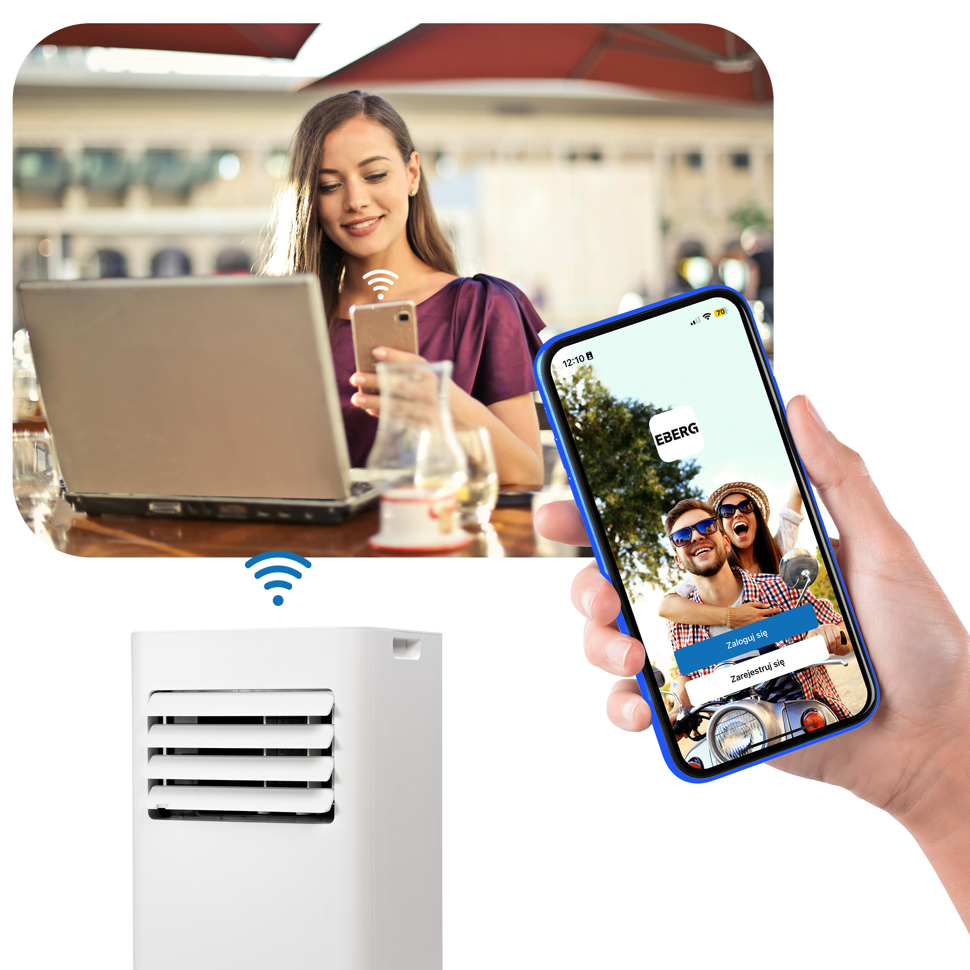 Kobieta patrzy na telefon, pokazane jest klimatyzator i aplikacja na innym telefonie.