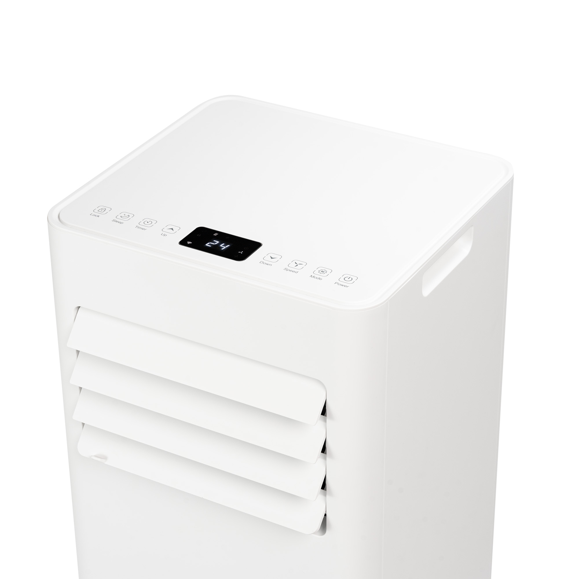 Biała chłodziarka powietrza z cyfrowym sterowaniem i poziomymi łopatkami.