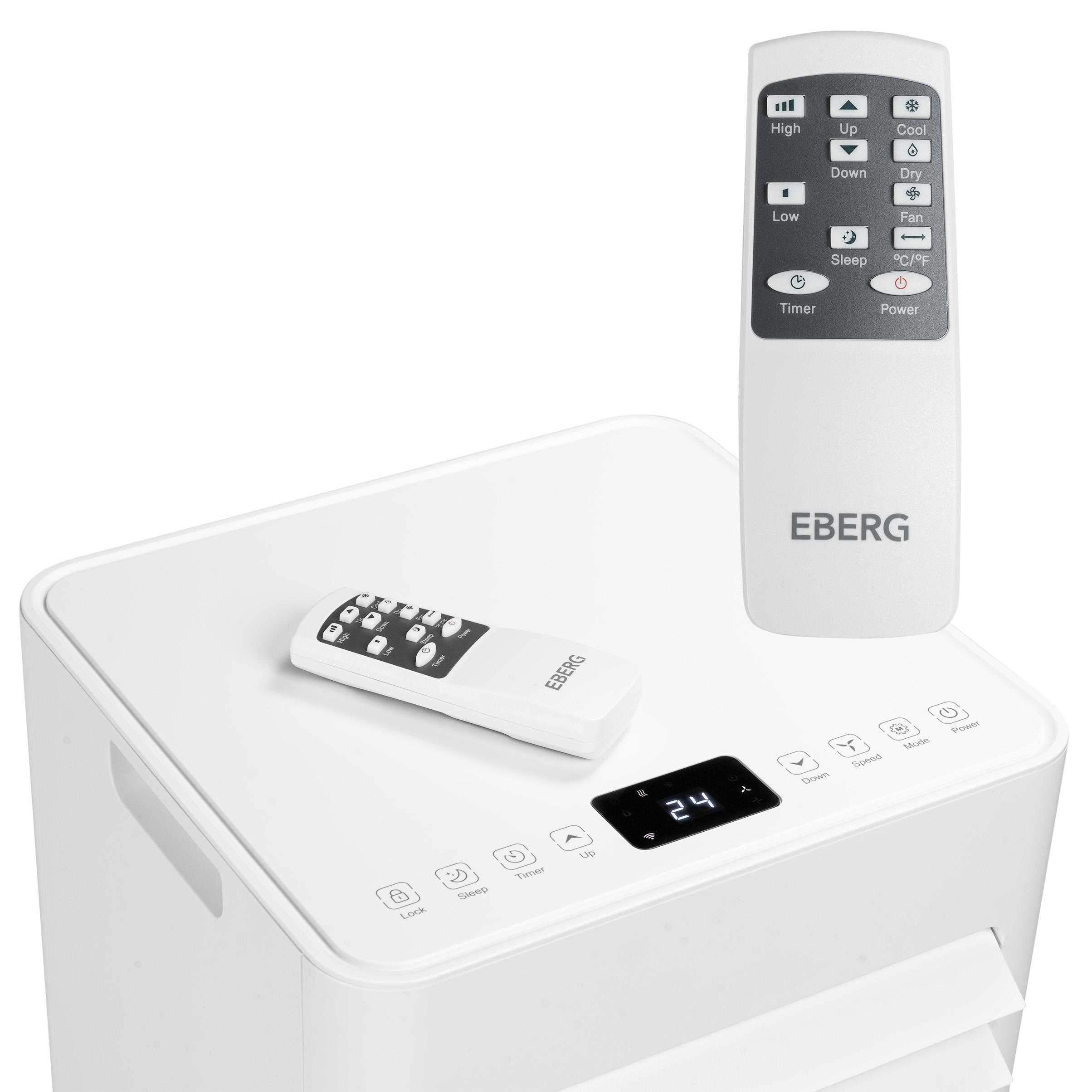 Biały panel sterowania klimatyzatora z pilotami i wyświetlaczem.