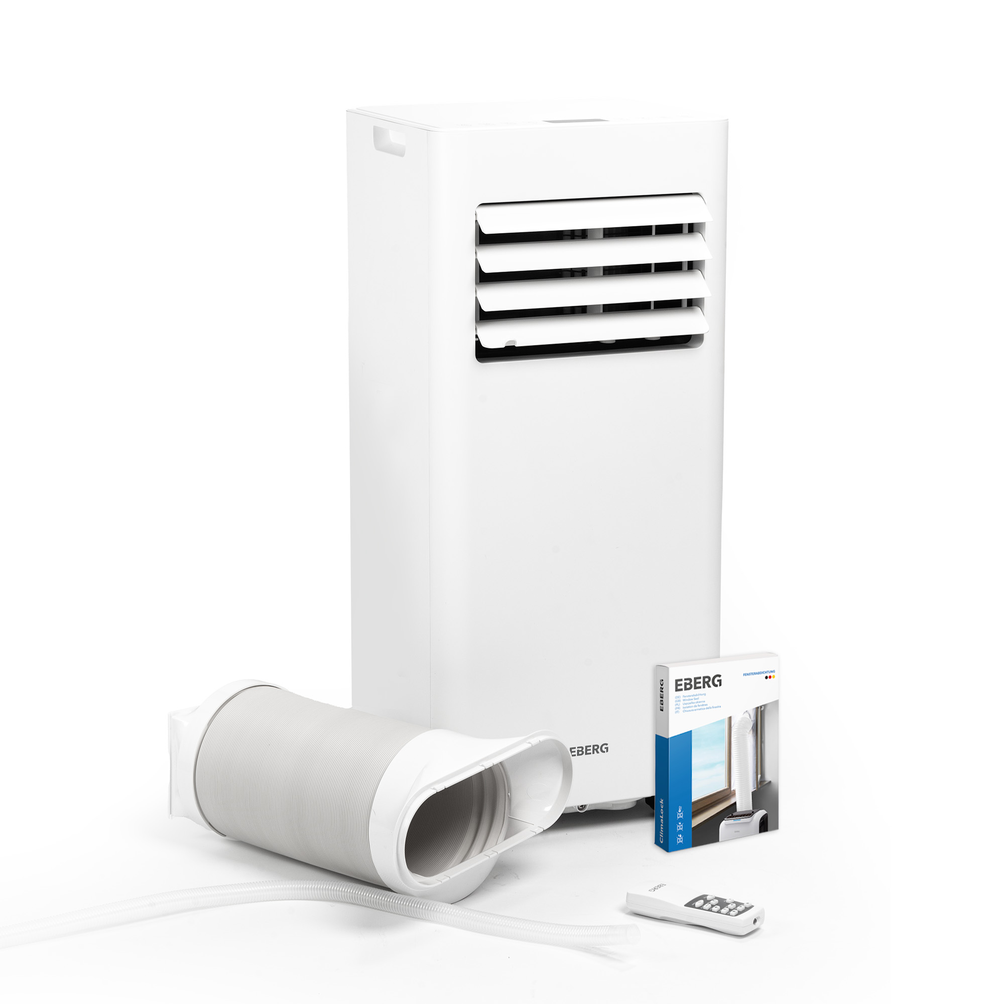 Biała przenośna jednostka klimatyzacyjna z wężem wywiewnym, pilotem i zestawem uszczelniającym okno.