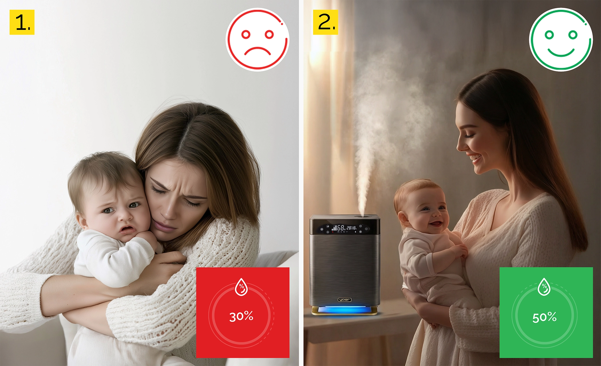 Matka trzyma dziecko, czerwony symbol pokazuje 30% wilgotności ze smutną buźką.