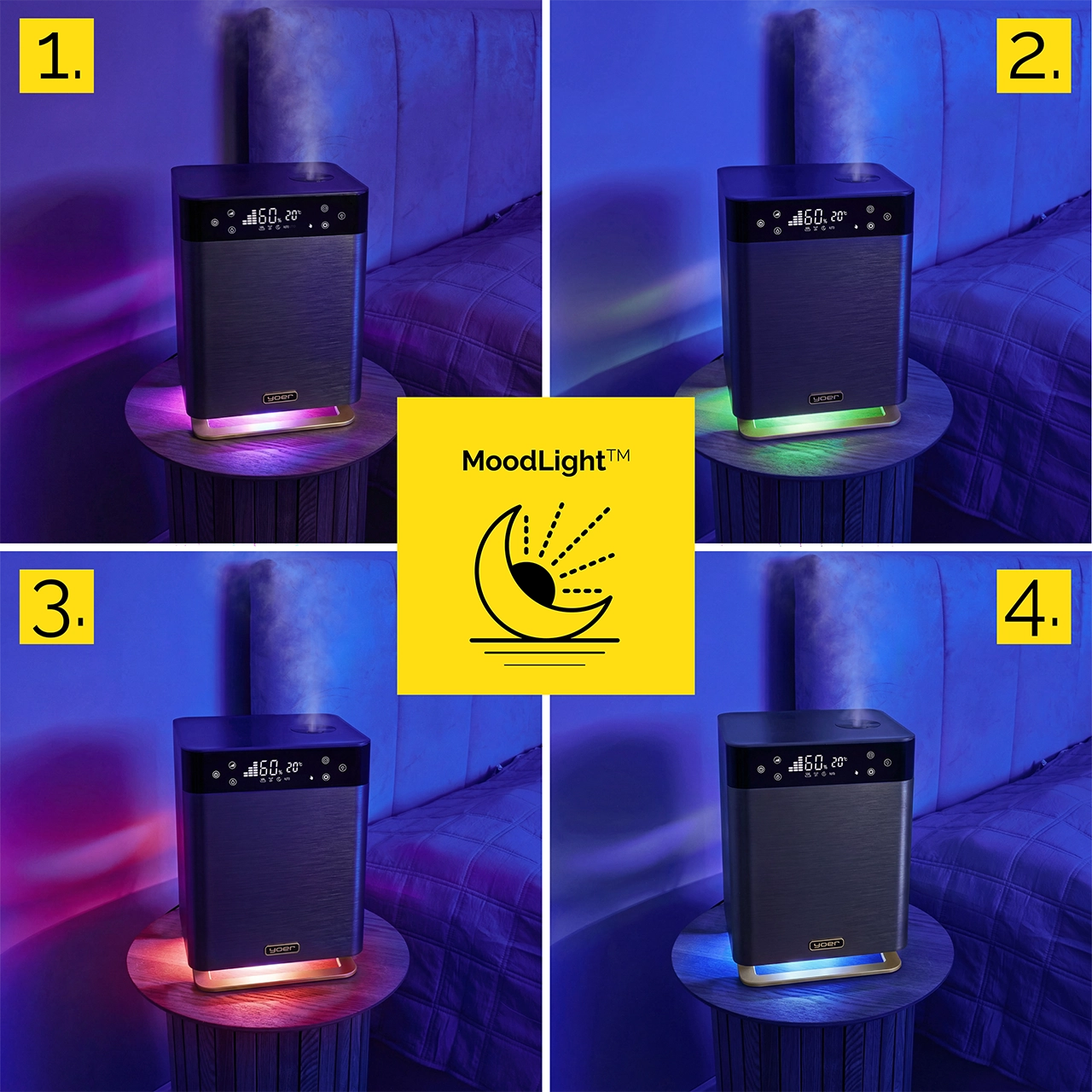 Nawilżacz z fioletowym nastrojowym światłem na stoliku nocnym. Wyświetlacz cyfrowy: 160, 20.