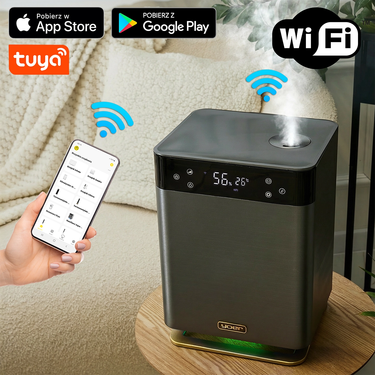 Nawilżacz powietrza z Wi-Fi i sterowaniem przez aplikację na stole.