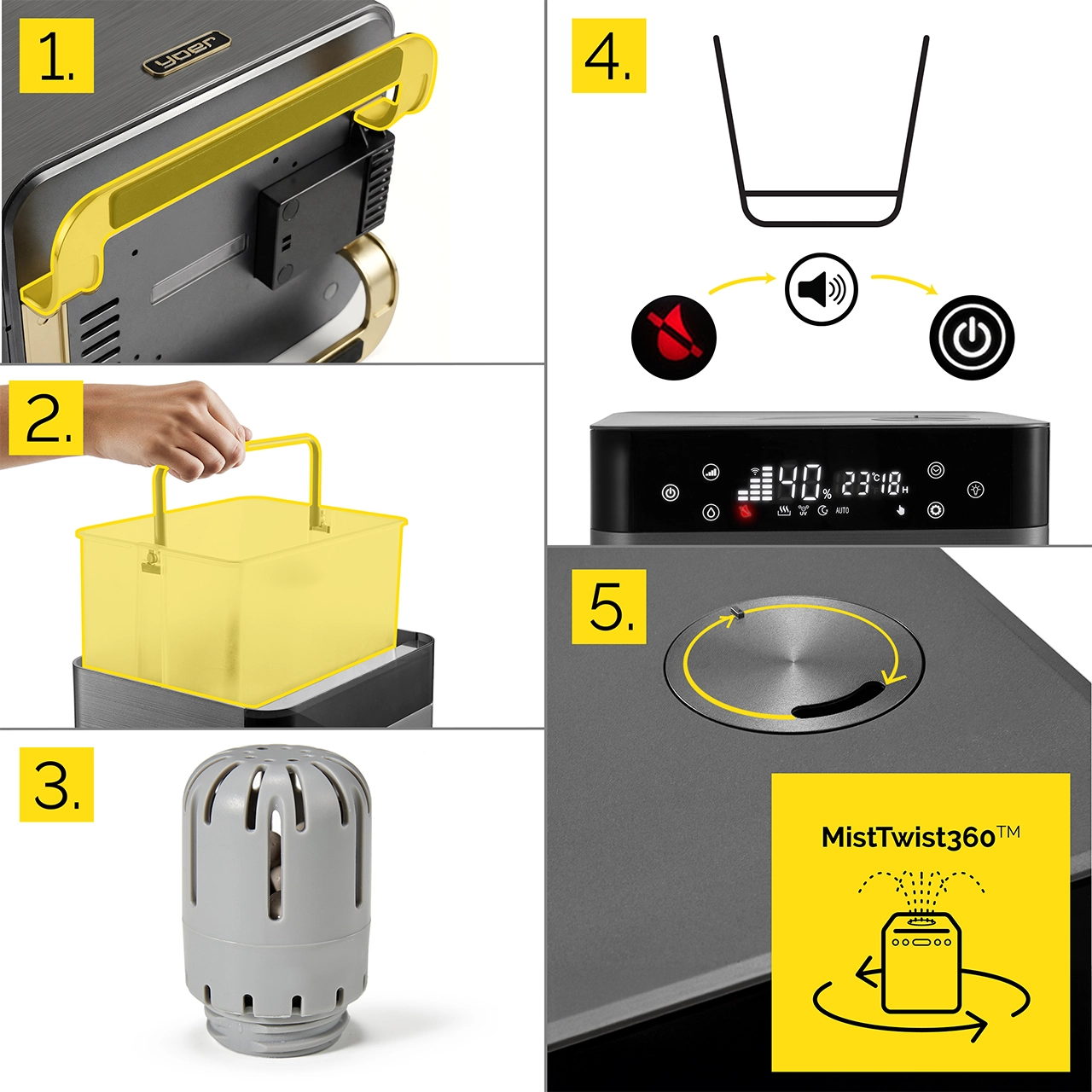 Zbliżenie na kratkę wentylatora z żółtą rączką.