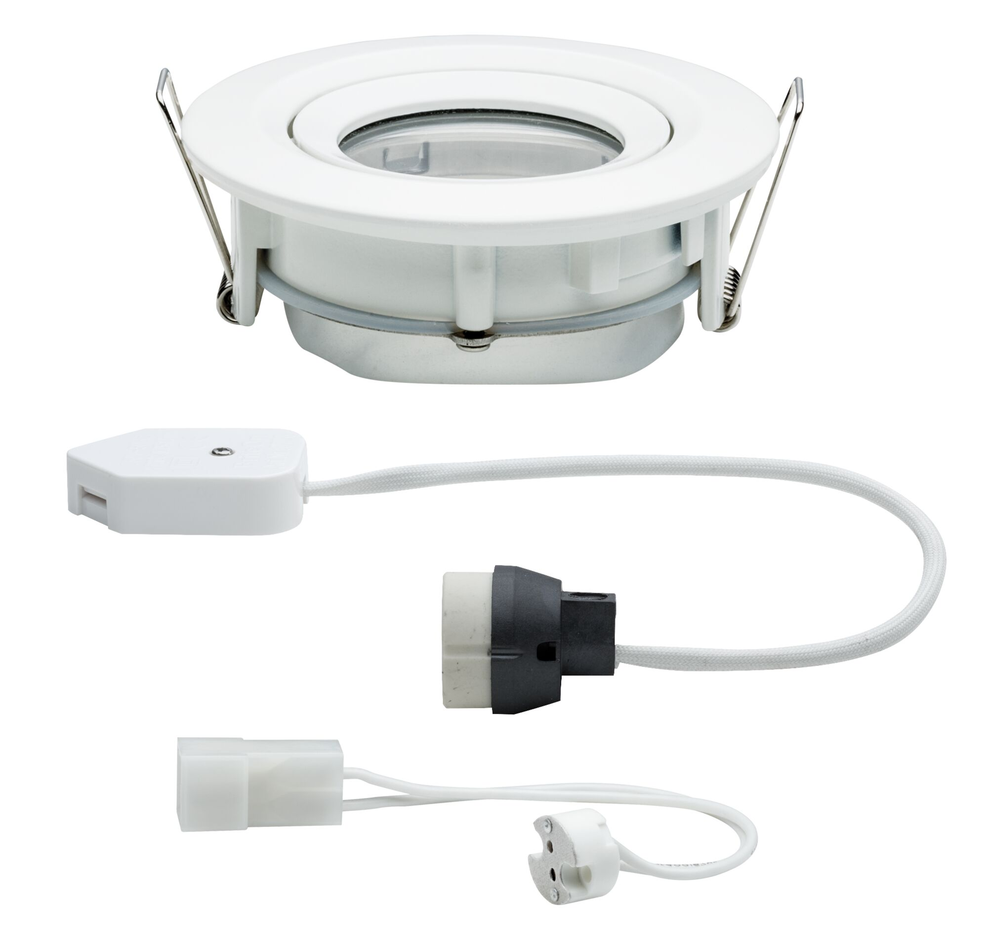 Einbaustrahler, Kabel mit Stecker und Fassung, weiße und schwarze Teile.