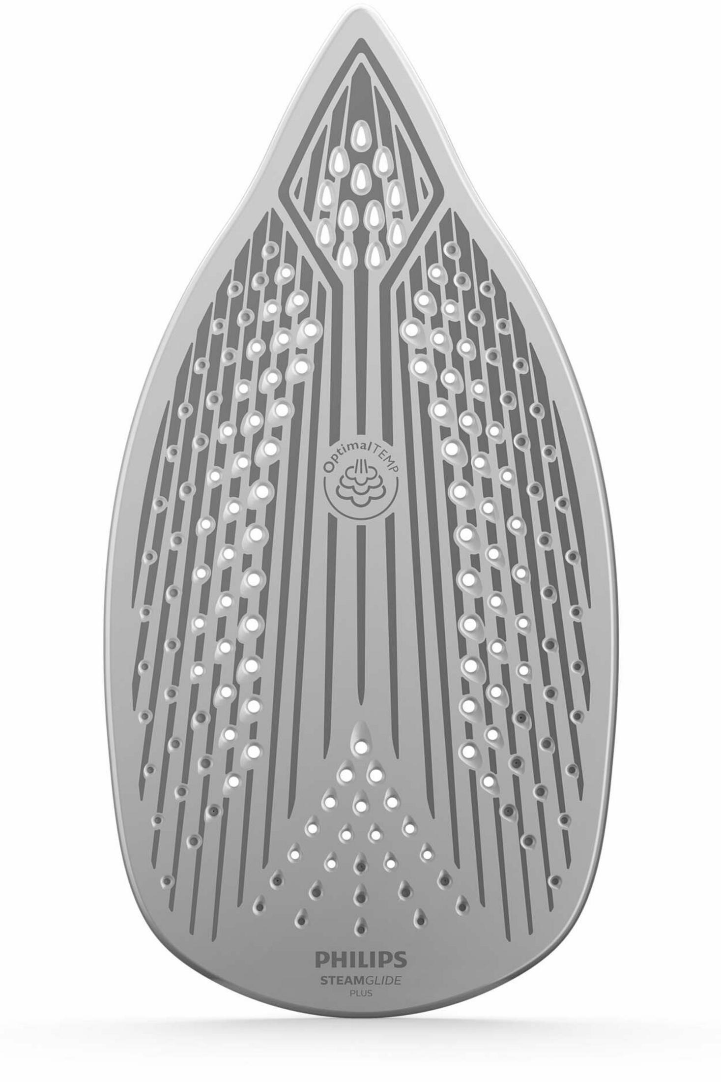 Eine silberne Bügeleisensohle mit vielen Dampflöchern und dem Philips SteamGlide Plus Logo.