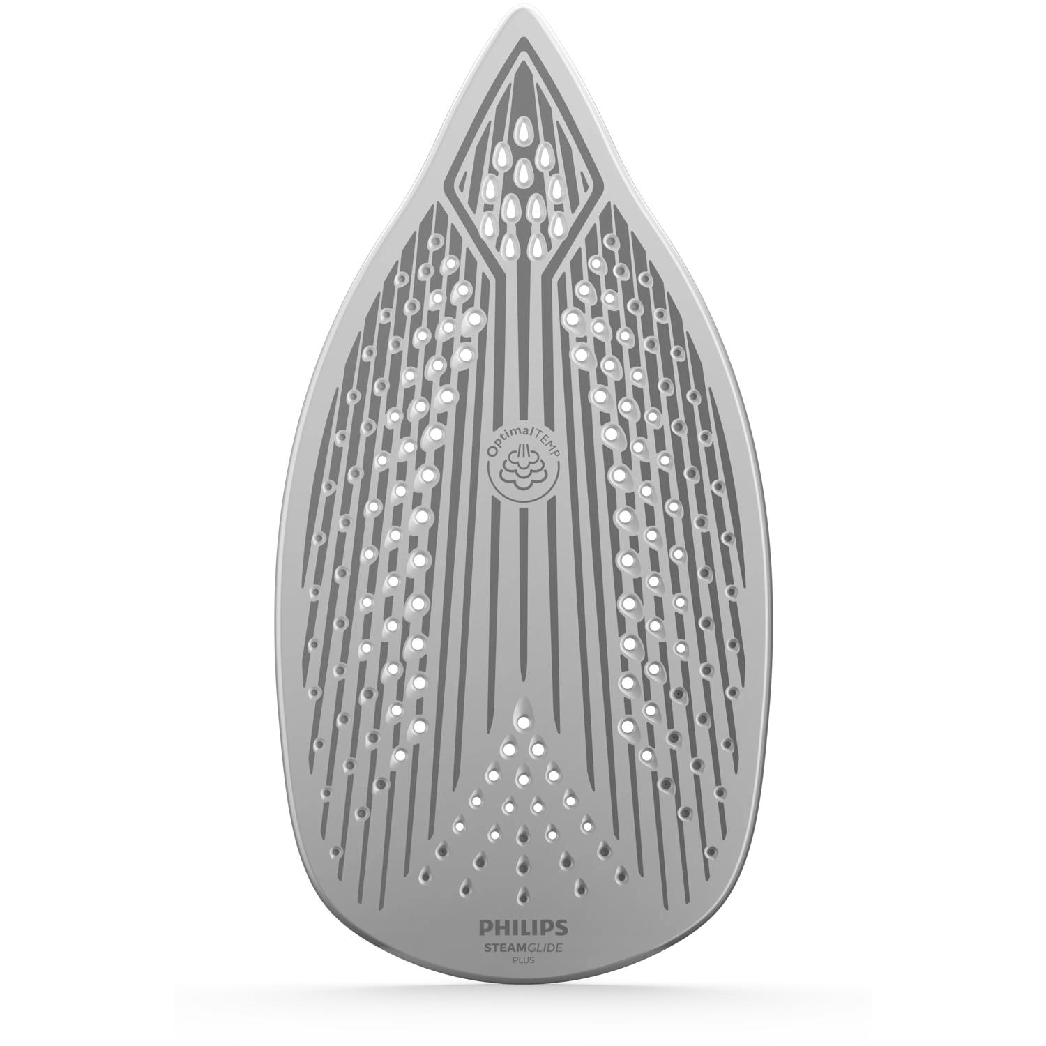 Die glatte, silberne Bügelsohle von Philips hat viele kleine Löcher und Linien.