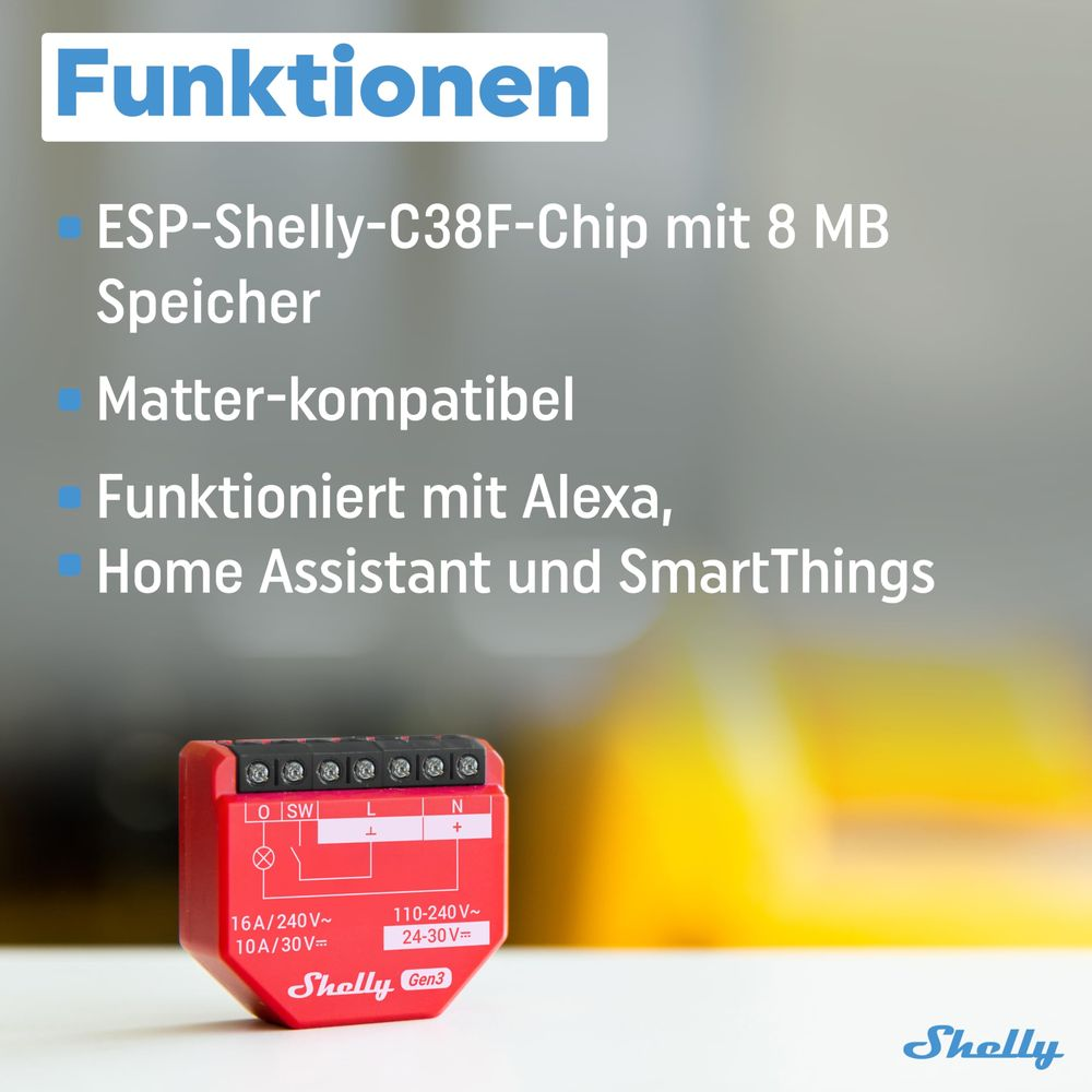 Czerwony przełącznik Shelly z etykietami i niebieskimi kropkami z tekstem. Chip ESP, kompatybilny z Matter.