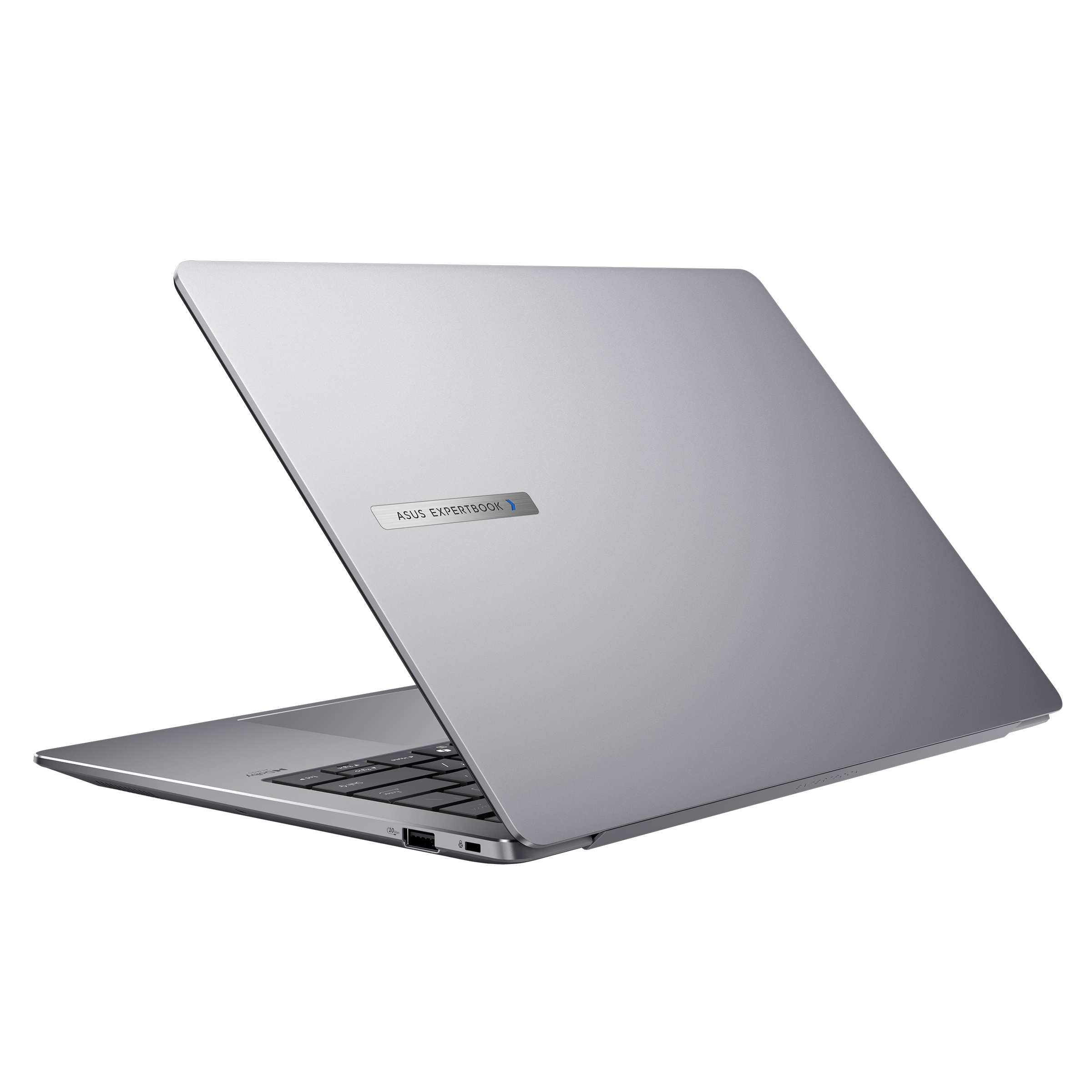 Un ordinateur portable Asus ExpertBook argenté est ouvert, montrant son clavier.