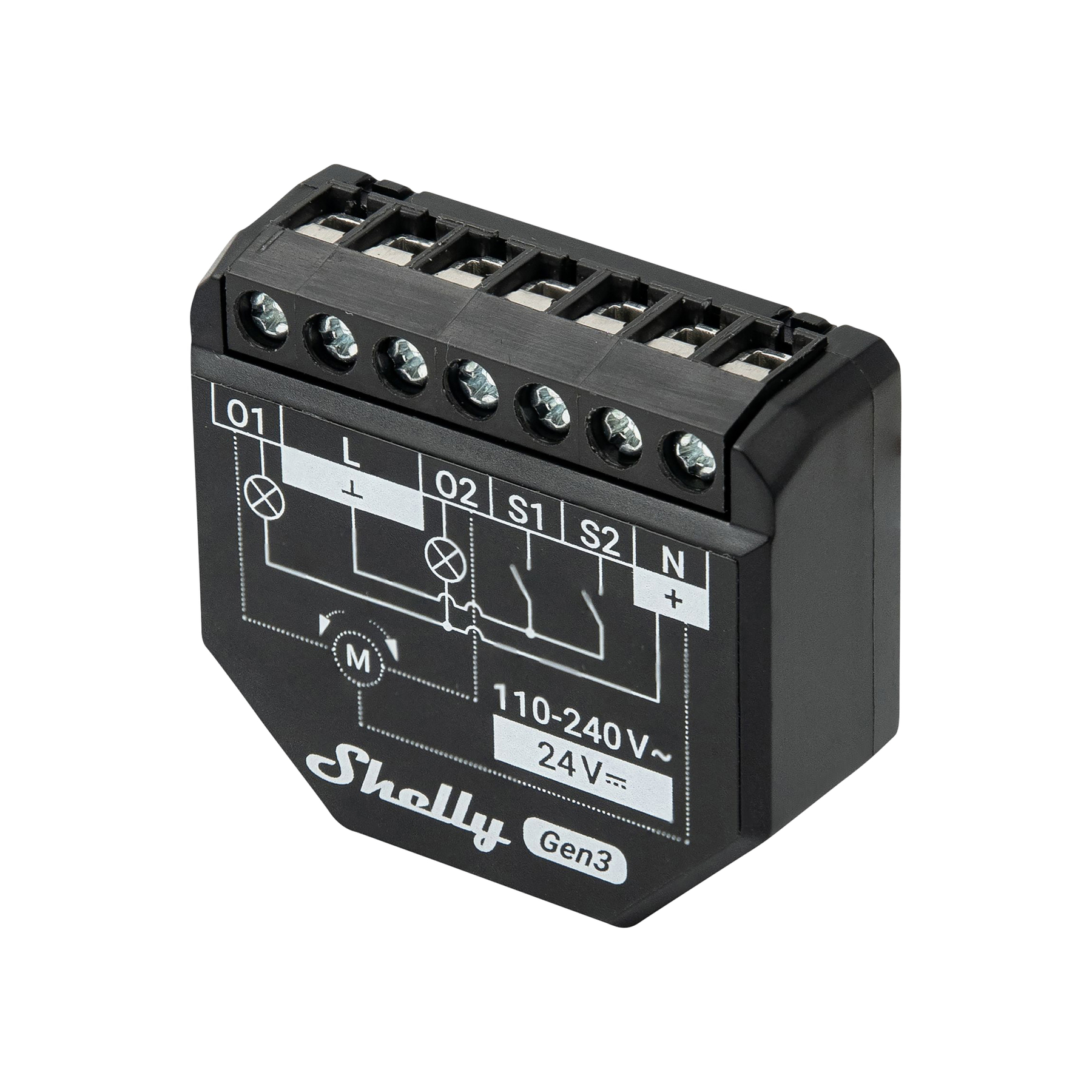 Shelly Gen3 nero con morsetti a vite e schema elettrico. Ingressi 110-240V.
