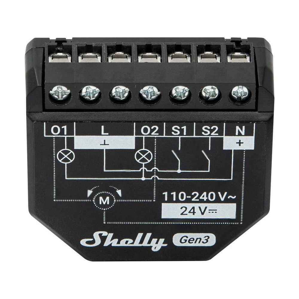 Relè Shelly Gen3 nero con morsetti a vite e schema elettrico.