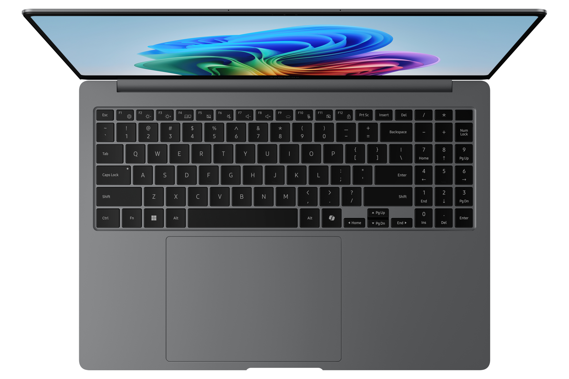 Een grijze laptop met open deksel, met kleurrijke abstracte achtergrond op het scherm.