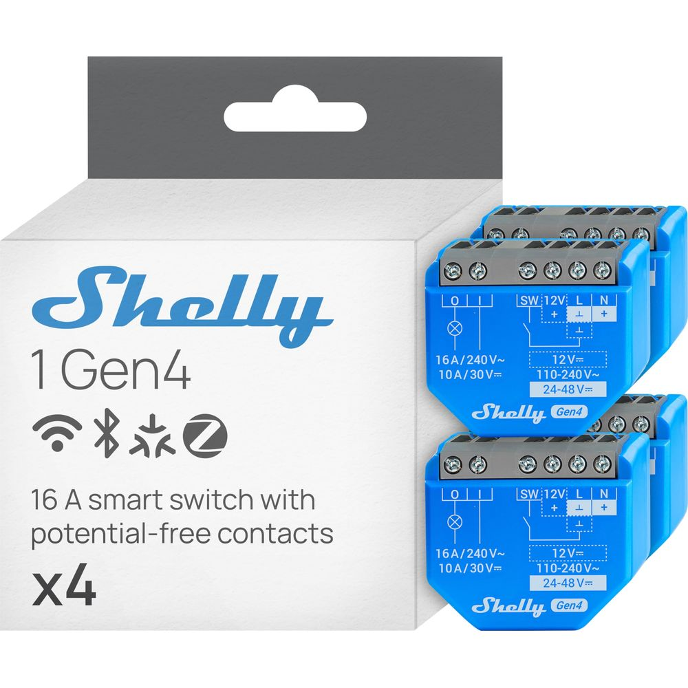 Interruttore smart Shelly 1 Gen4, 16A, con 2 dispositivi blu. Confezione scatola bianca.