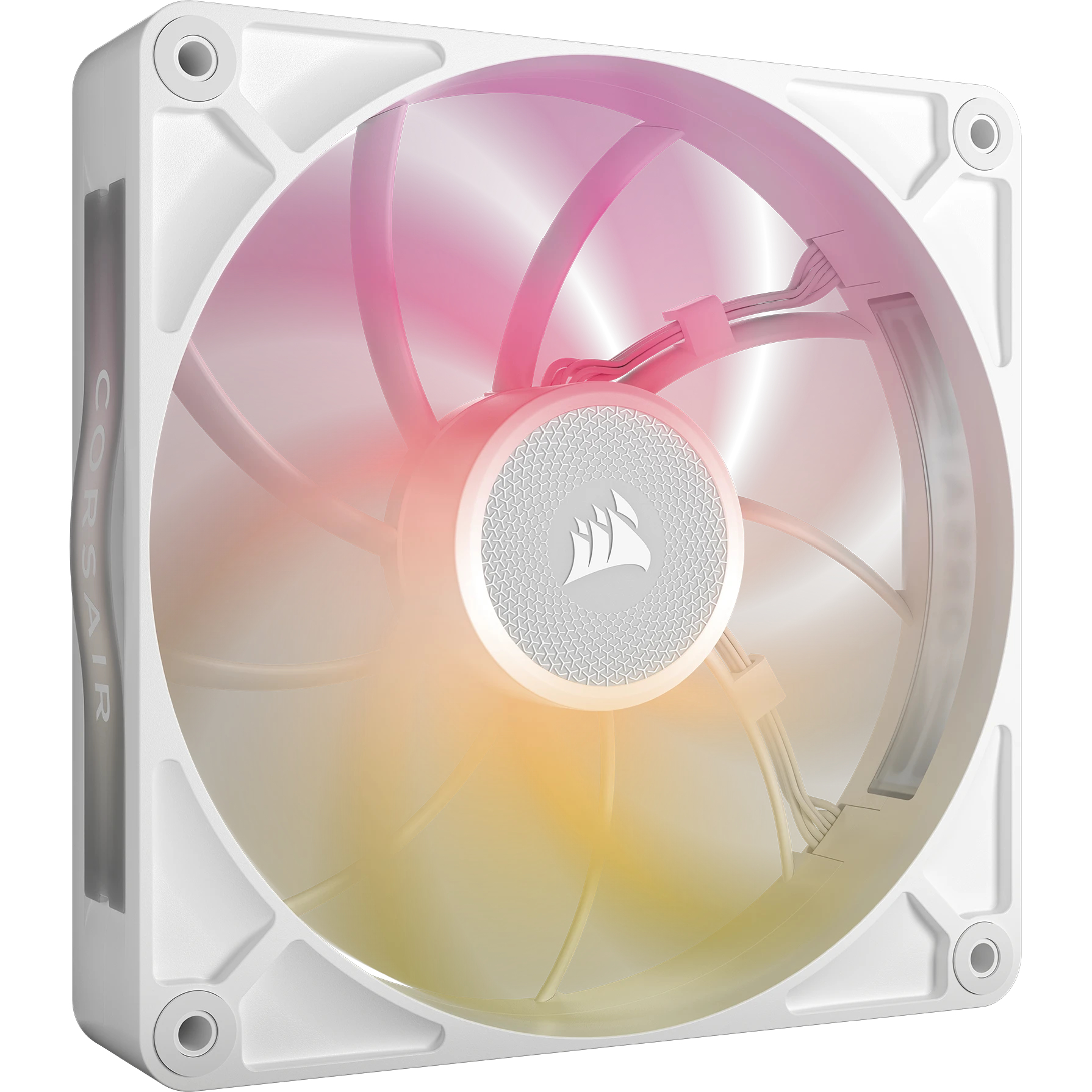 Ein weißer Computerlüfter mit RGB-Beleuchtung in Rosa und Gelb.