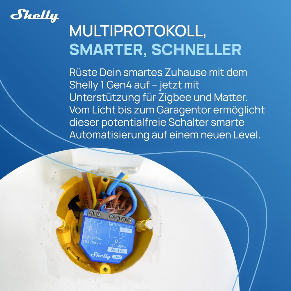 Un interruttore intelligente Shelly 1 Gen4 con cavi, supporta Zigbee e Matter.