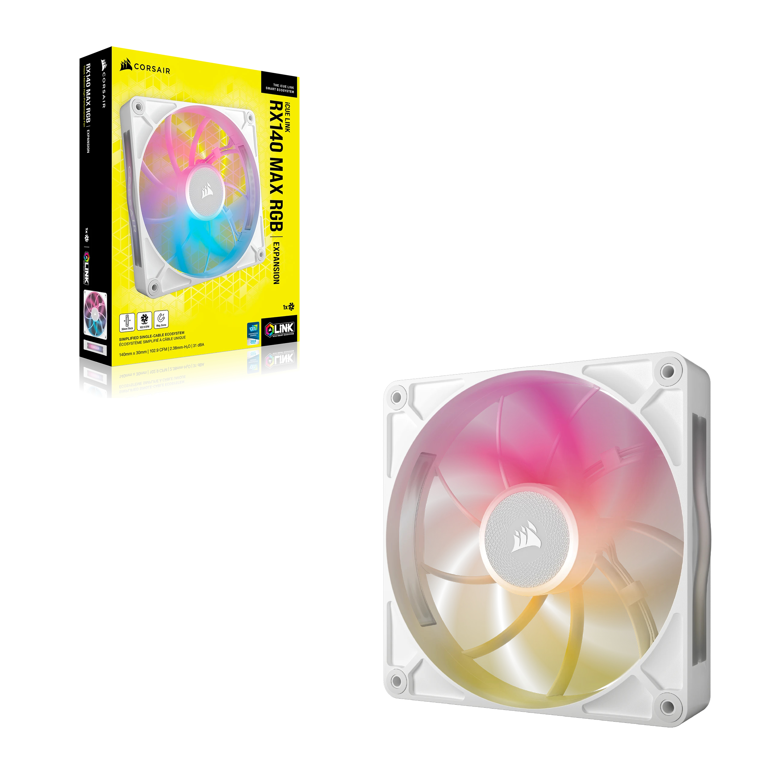 Ein weißer Corsair Lüfter mit RGB-Beleuchtung, auf gelbem Karton mit Produktinformationen.