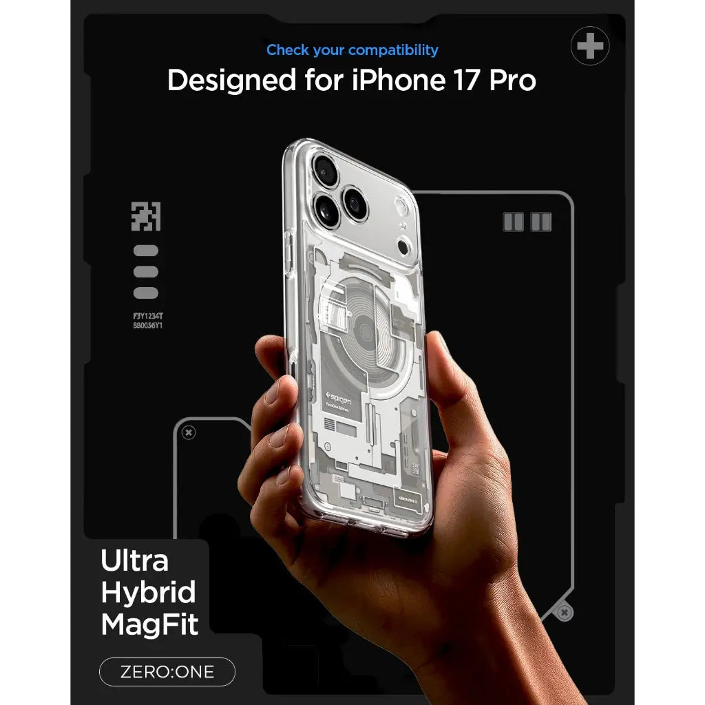Mano che tiene una custodia trasparente per iPhone 17 Pro con MagFit.