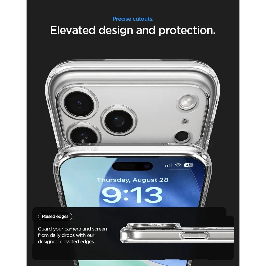 Custodia trasparente per iPhone con bordi rialzati e ritagli precisi.
