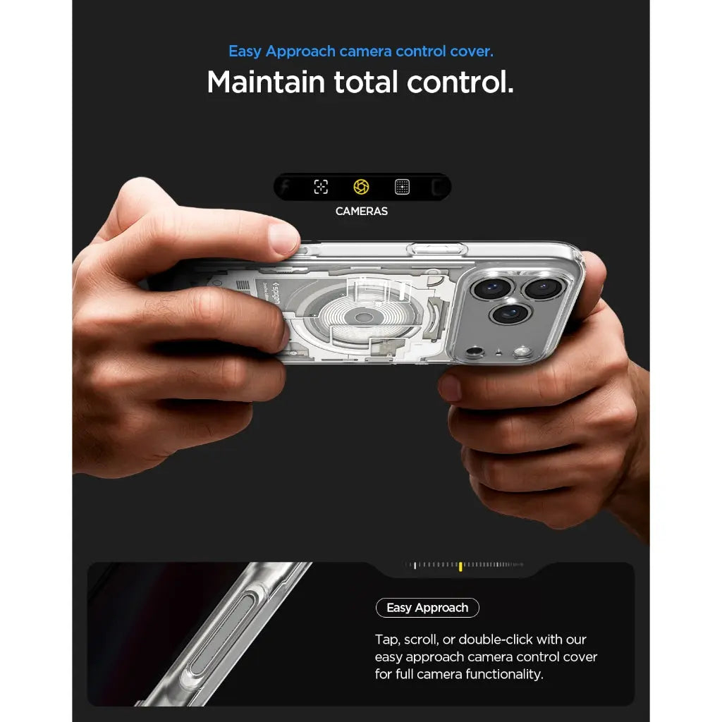 Mani tengono una custodia trasparente per telefono con componenti interni visibili. Testo promuove il controllo della fotocamera.