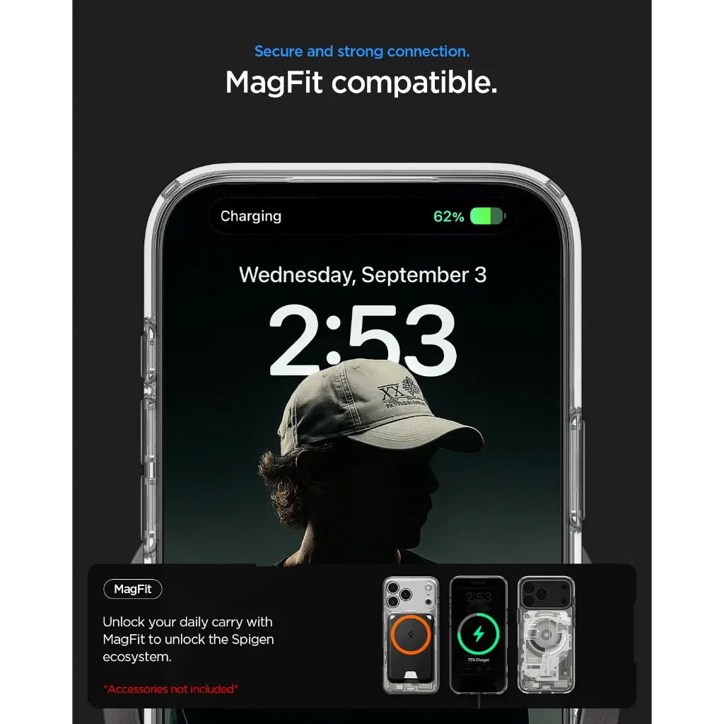 iPhone con custodia MagFit, in carica al 62% alle 2:53. Accessori non inclusi.