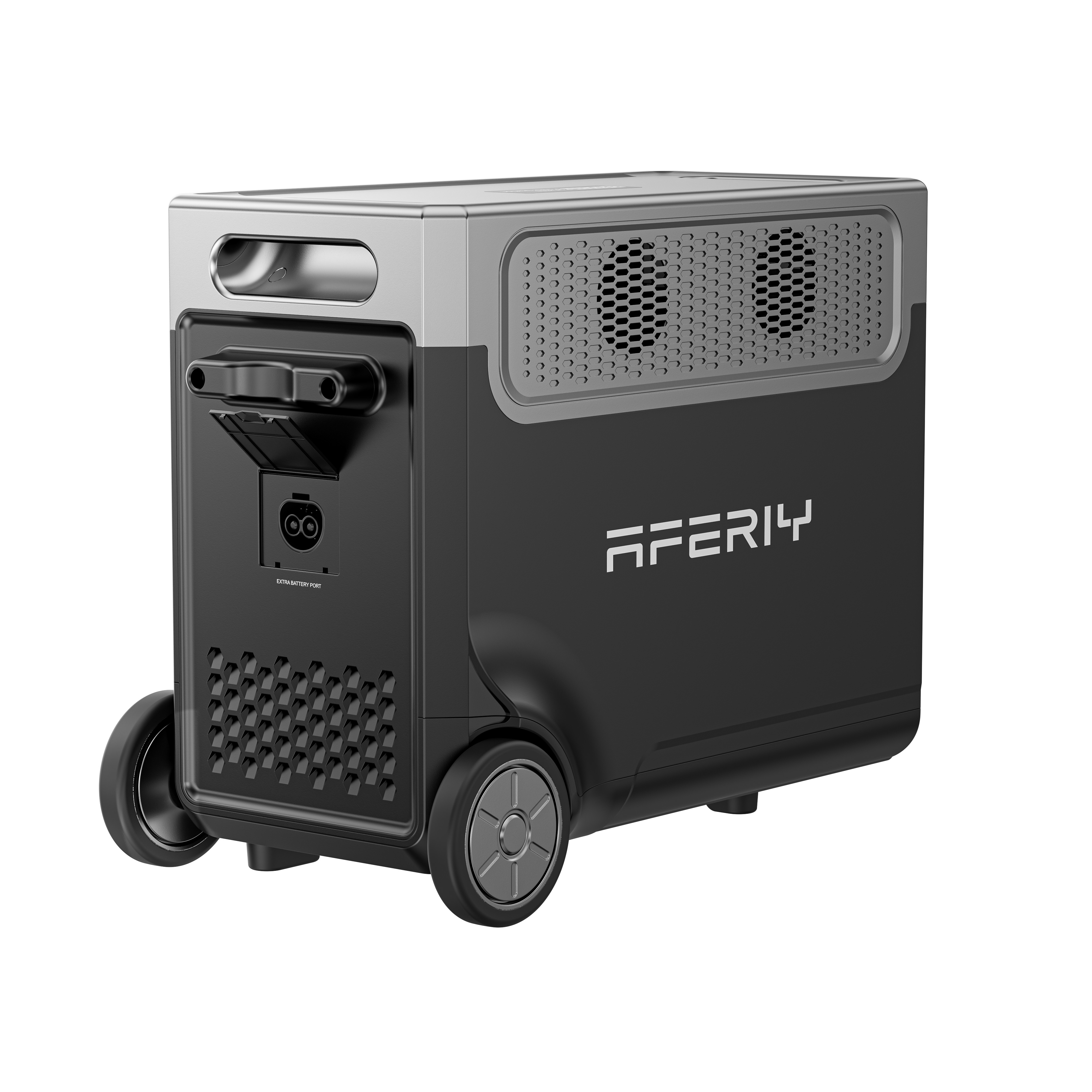 Estación de energía portátil negra con ruedas, asa plateada y rejillas de ventilación.