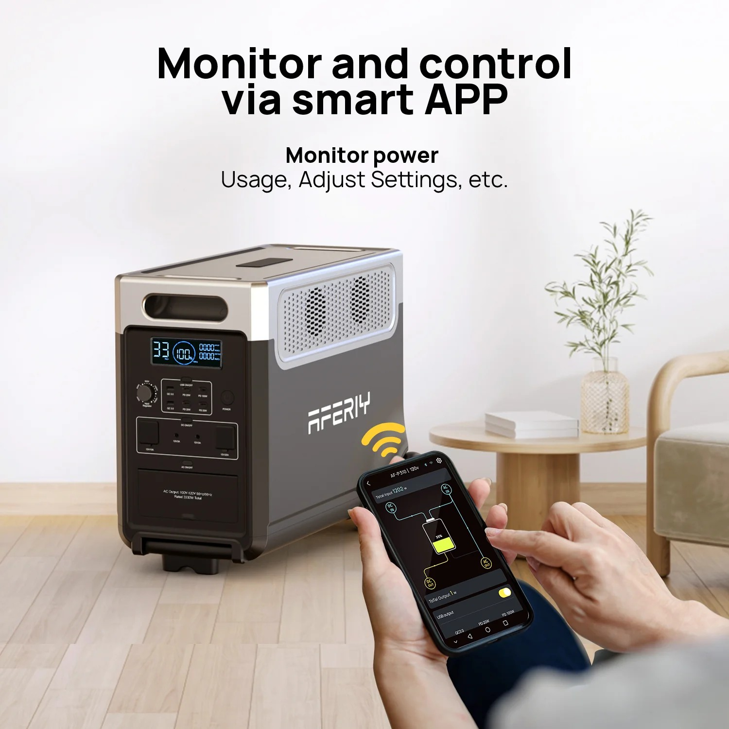Una estación de energía portátil y un smartphone que muestra una aplicación de monitorización.