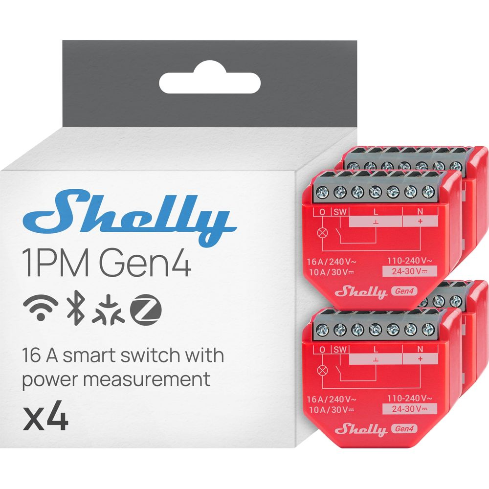 Quattro interruttori intelligenti Shelly 1PM Gen4 rossi con morsetti su scatola bianca.