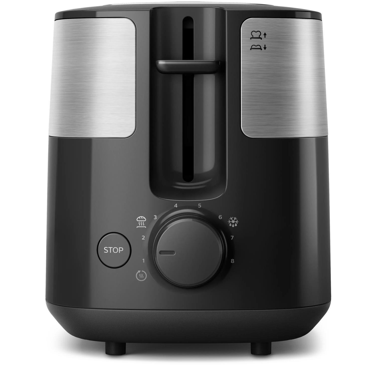 Ein schwarzer Toaster mit gebürsteten Metallakzenten und einem Drehknopf mit den Zahlen 1-8.