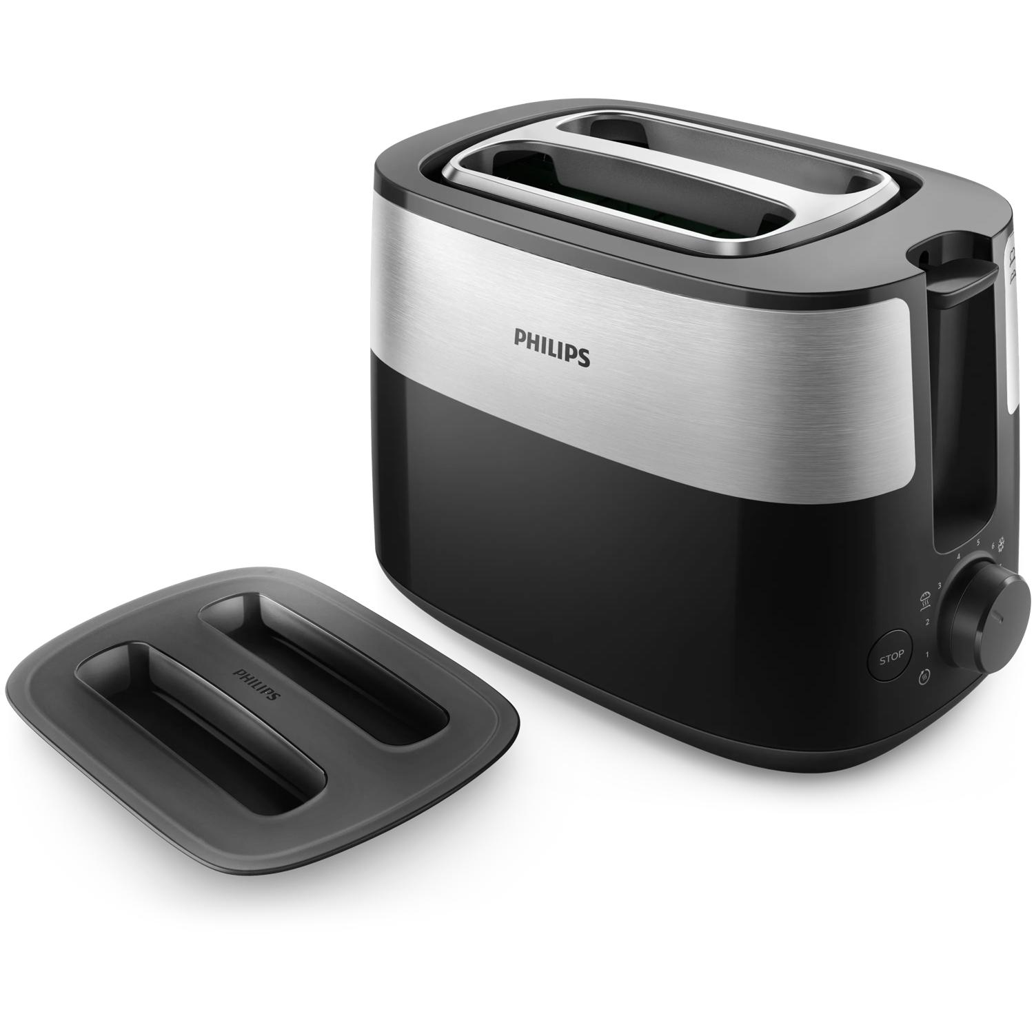 Ein schwarzer Philips Toaster mit silbernen Akzenten und einer separaten Krümelschublade.