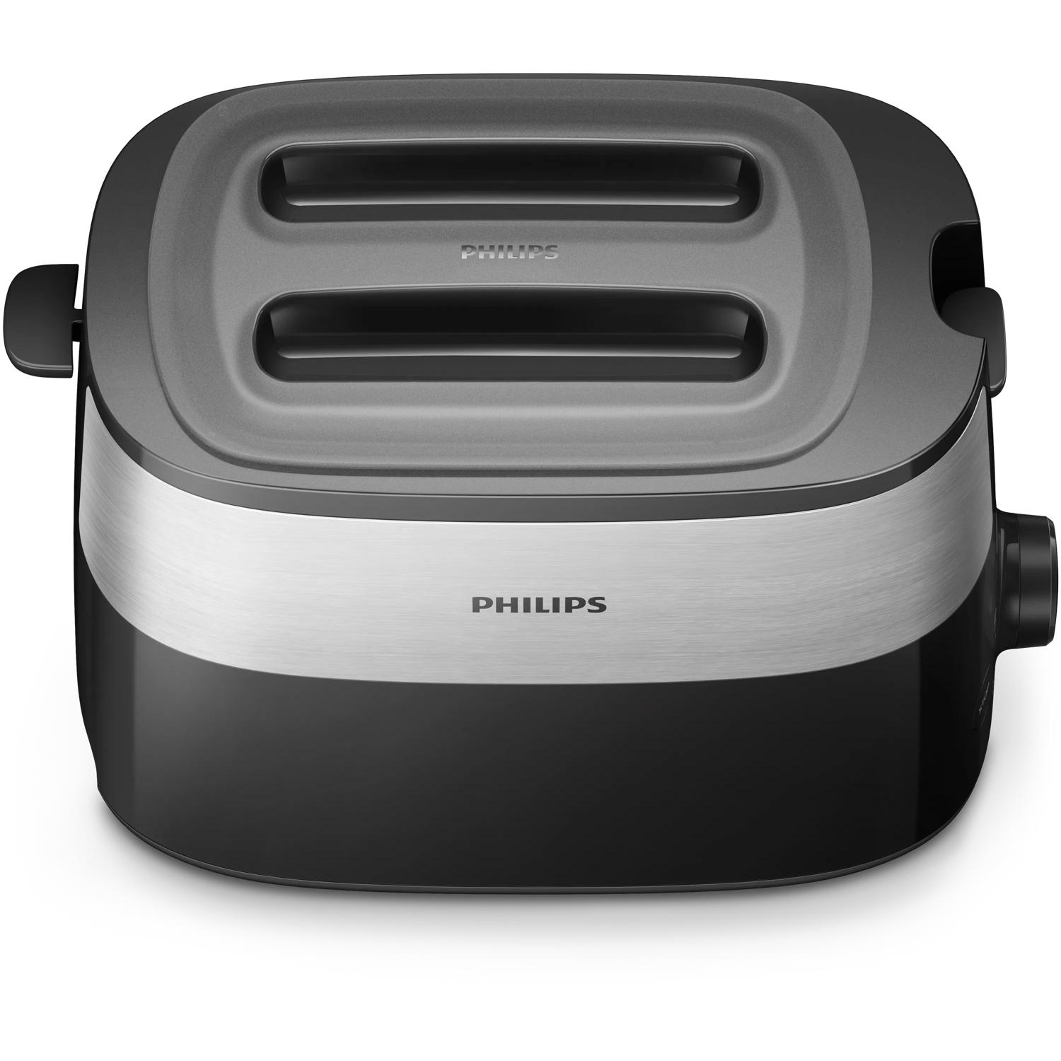 Ein schwarzer Philips Toaster mit silbernem Streifen und zwei Schlitzen.