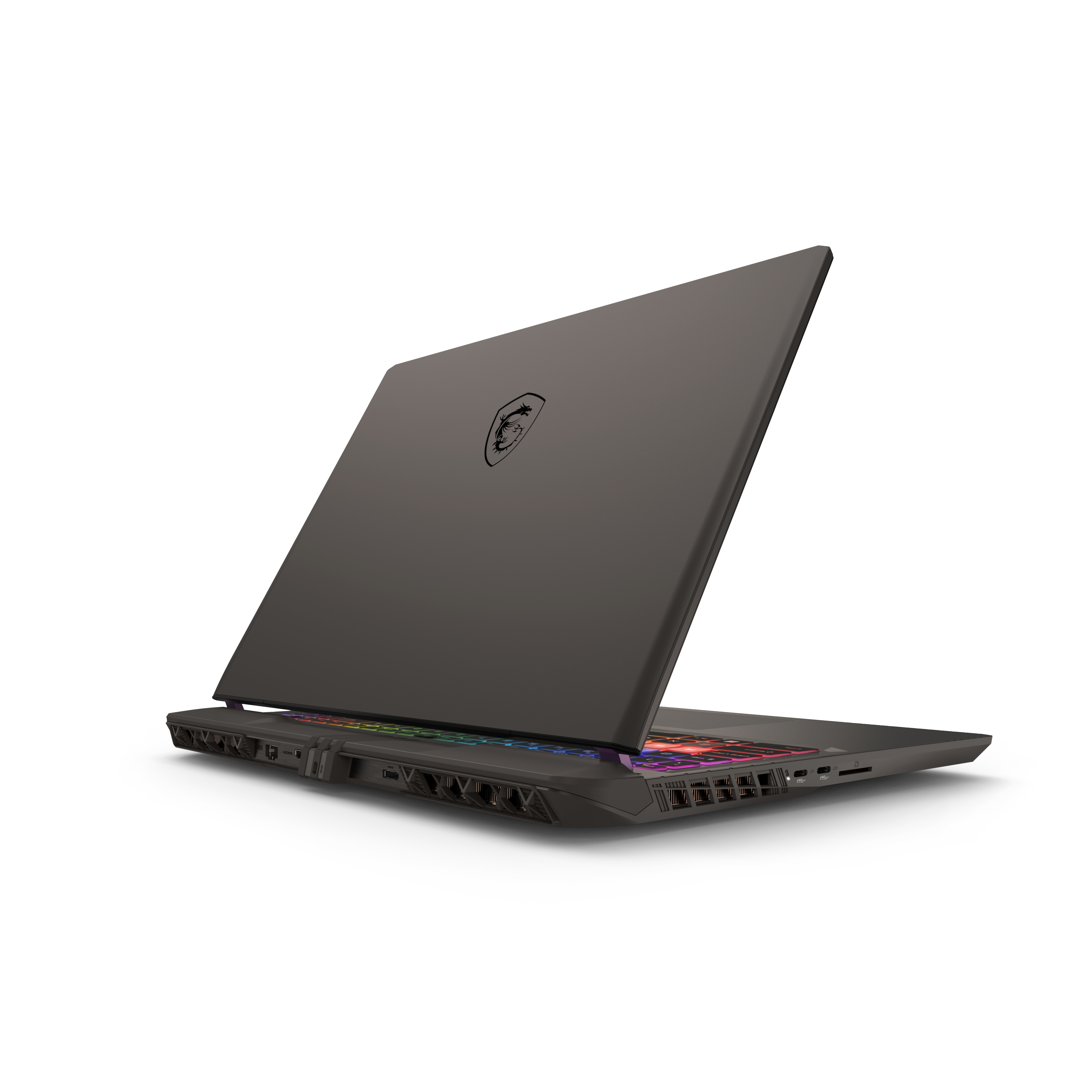 Ordinateur portable gris foncé avec clavier rétroéclairé, logo MSI sur le capot.