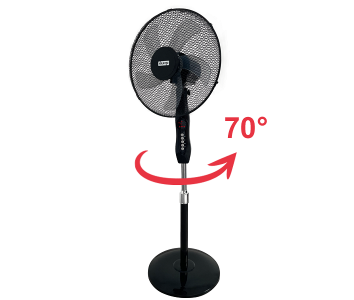 Czarny wentylator stojący ze czerwoną strzałką i wskaźnikiem 70°.