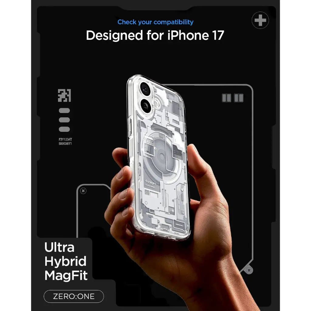 Custodia trasparente per iPhone 17, con componenti interni schematici.