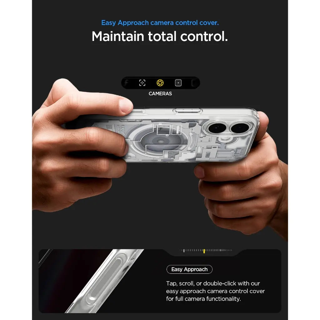 Mani tengono un telefono trasparente con fotocamere. Testo sul facile controllo della fotocamera.