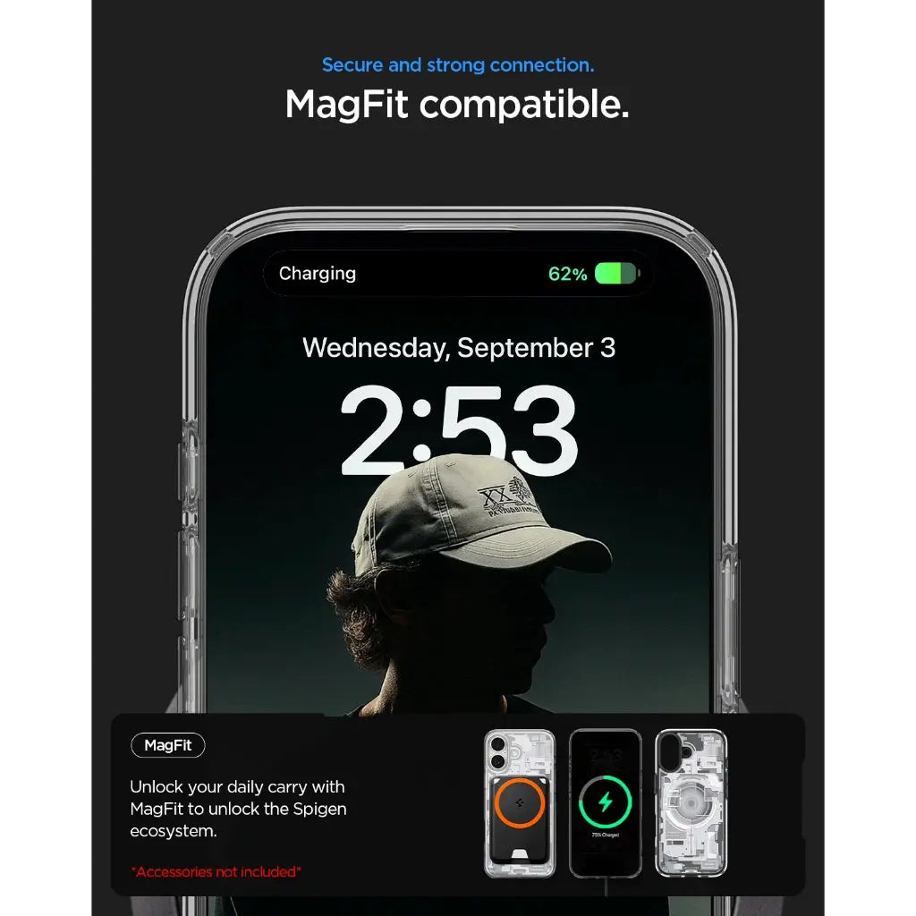 Schermo iPhone mostra ora 2:53, data, stato di carica e persona con cappellino.