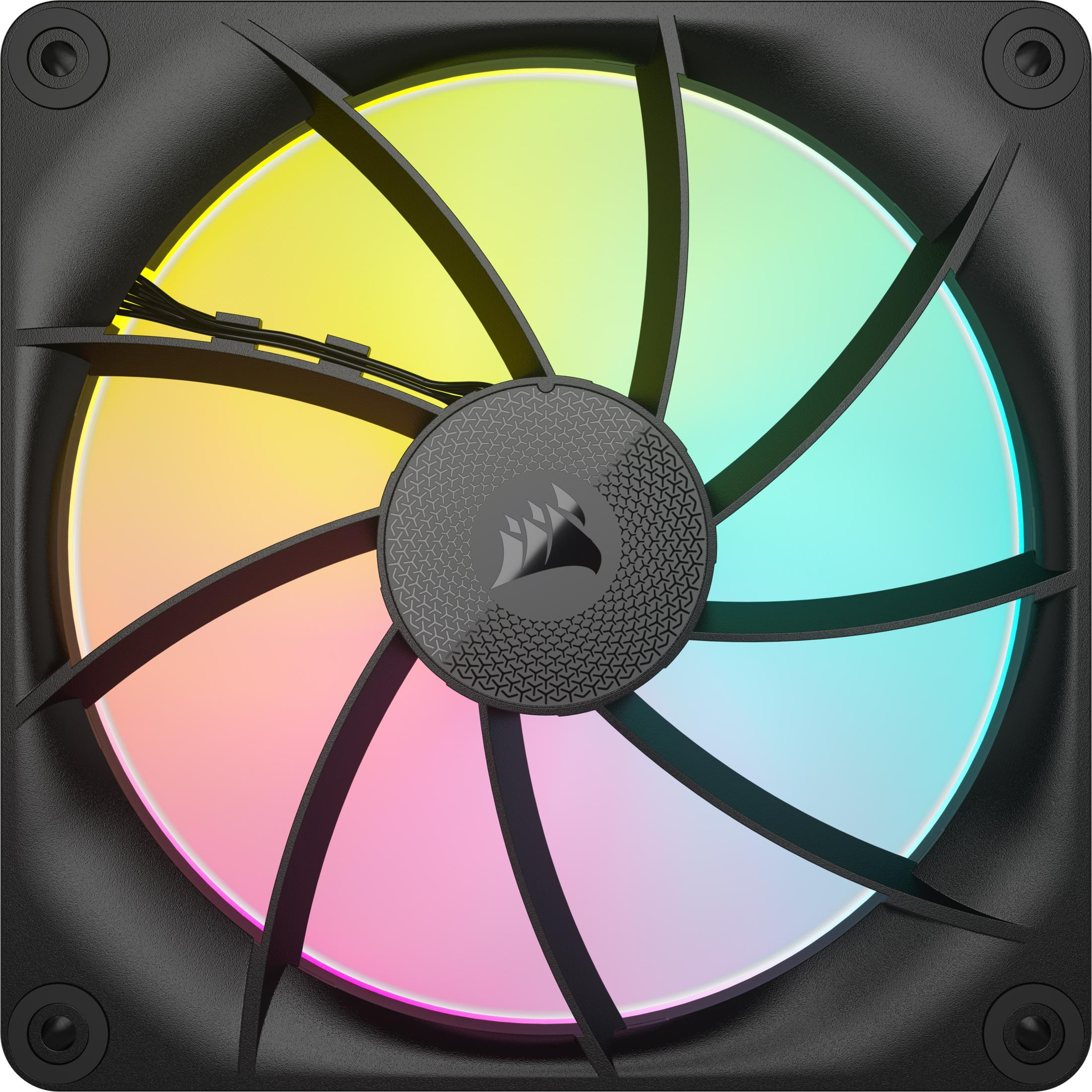 Un ventilateur d'ordinateur noir aux couleurs vives : jaune, vert, bleu et rose.