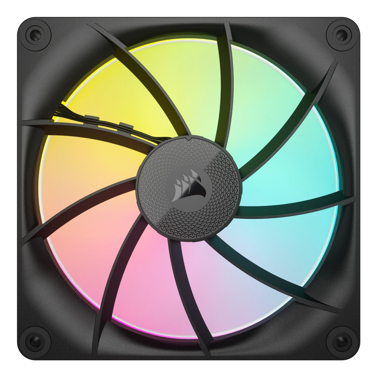 Un ventilateur noir avec des lumières RVB colorées et un logo Corsair.