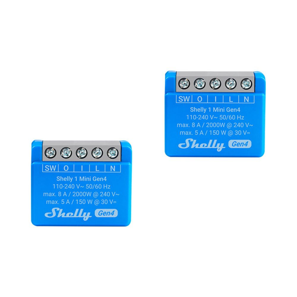 Due dispositivi Shelly 1 Mini Gen4 blu con morsetti a vite ed etichette.