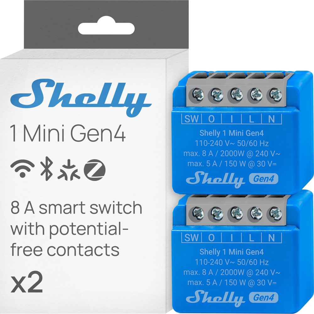 Due interruttori intelligenti Shelly 1 Mini Gen4 con contatti privi di potenziale.