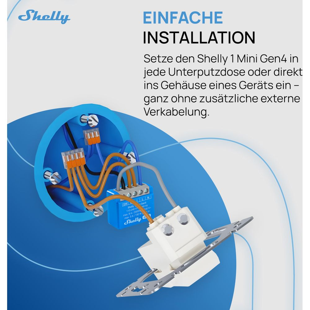 Dispositivo da incasso con scatola blu, cavi arancioni e modulo Shelly.