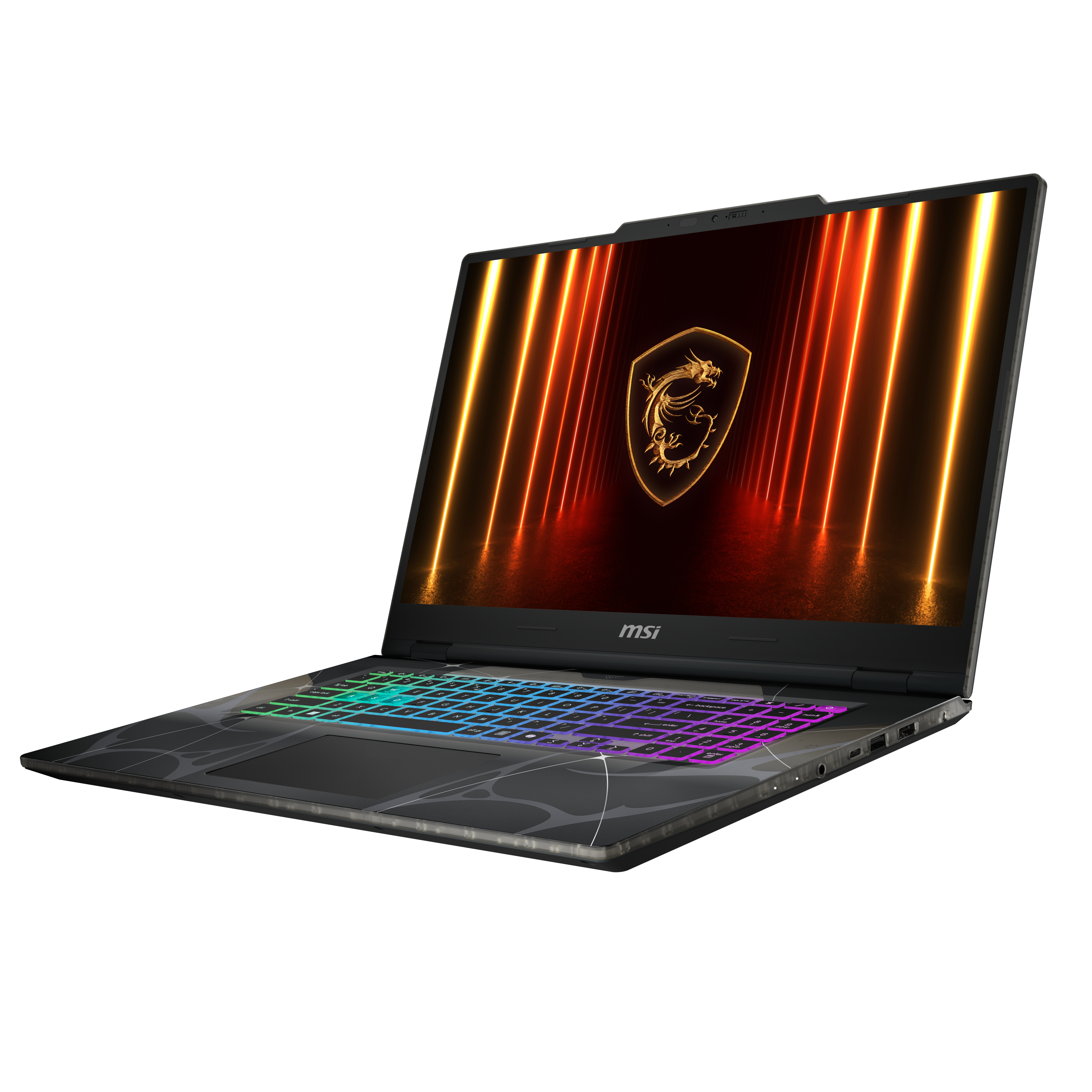An open MSI laptop with a backlit keyboard and a dragon logo on the screen.